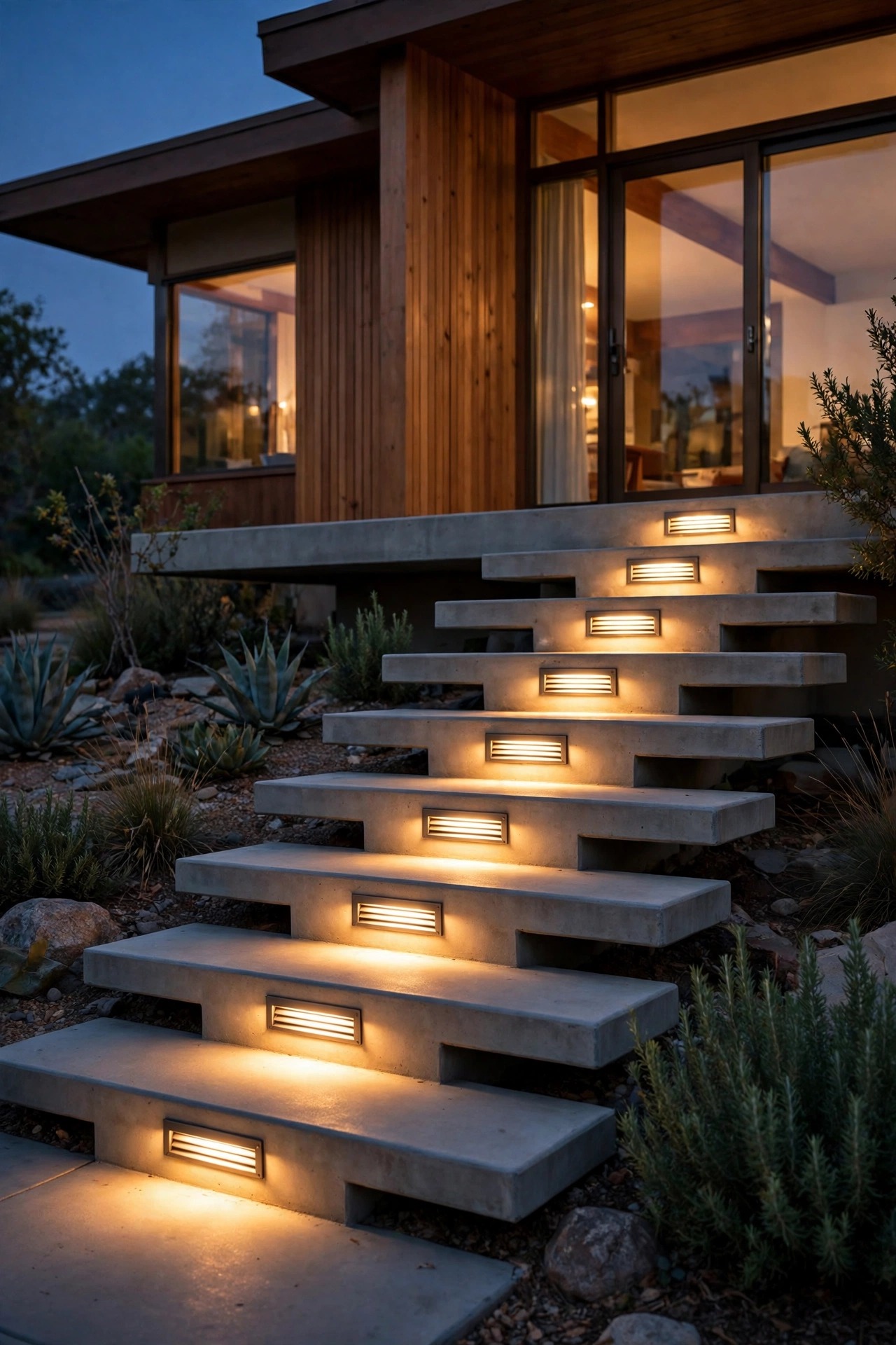 Recessed louvered step lights washing warm light down floating concrete steps at a mid-century home