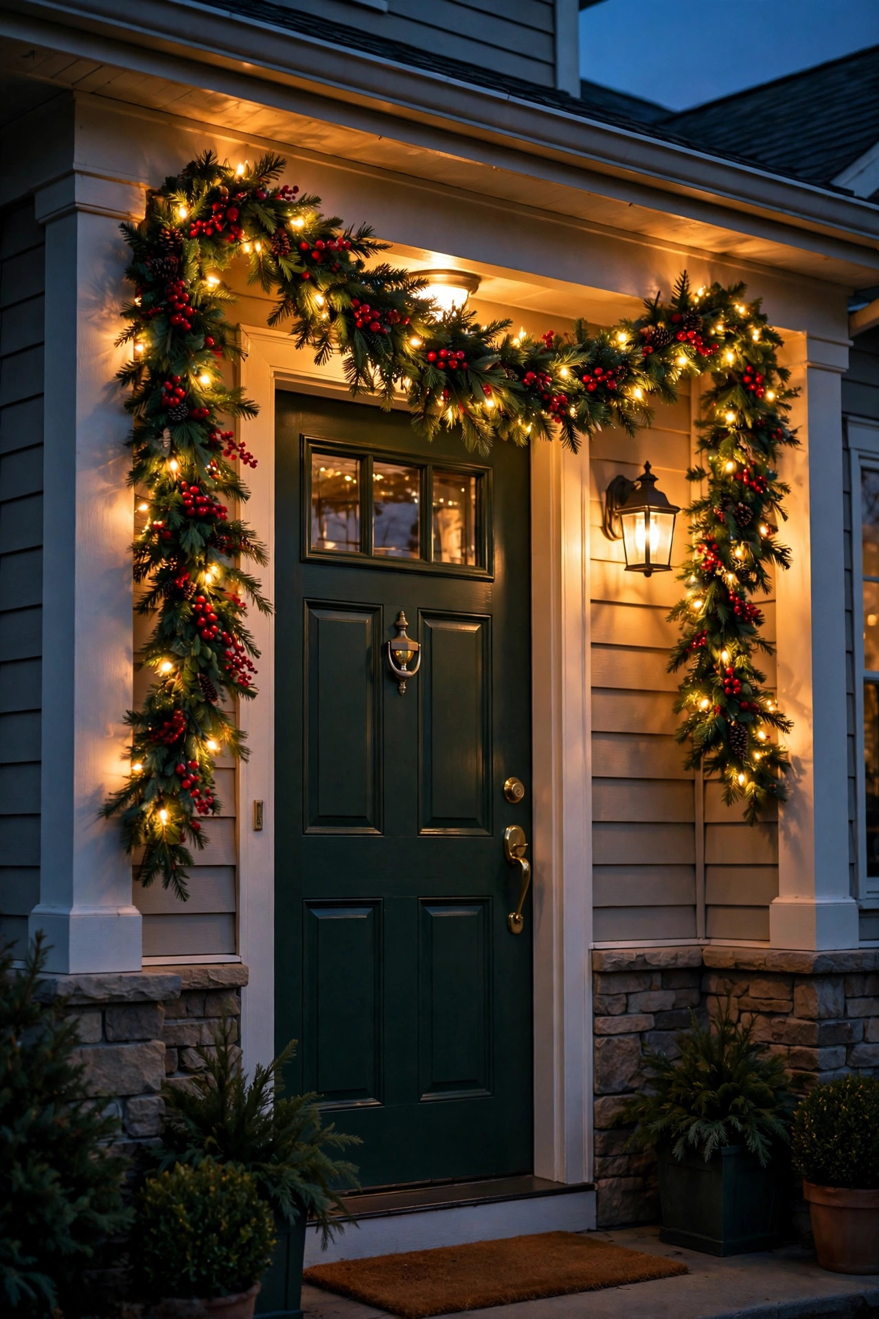 Red-berry pre-lit garland with warm lights swagged over a front door at dusk