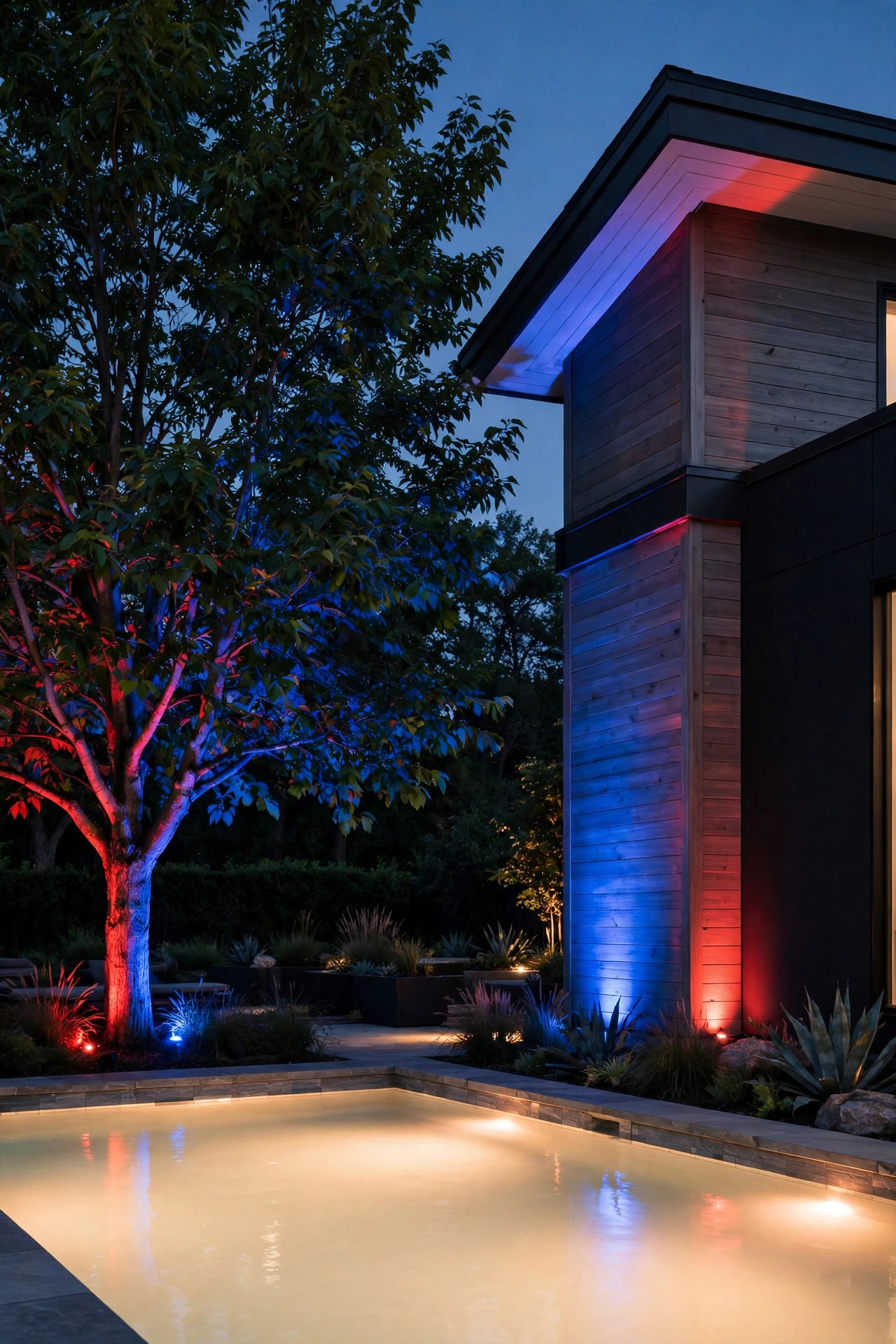 Backyard tree and house corner washed in red and blue uplighting behind a pool glowing warm white at night