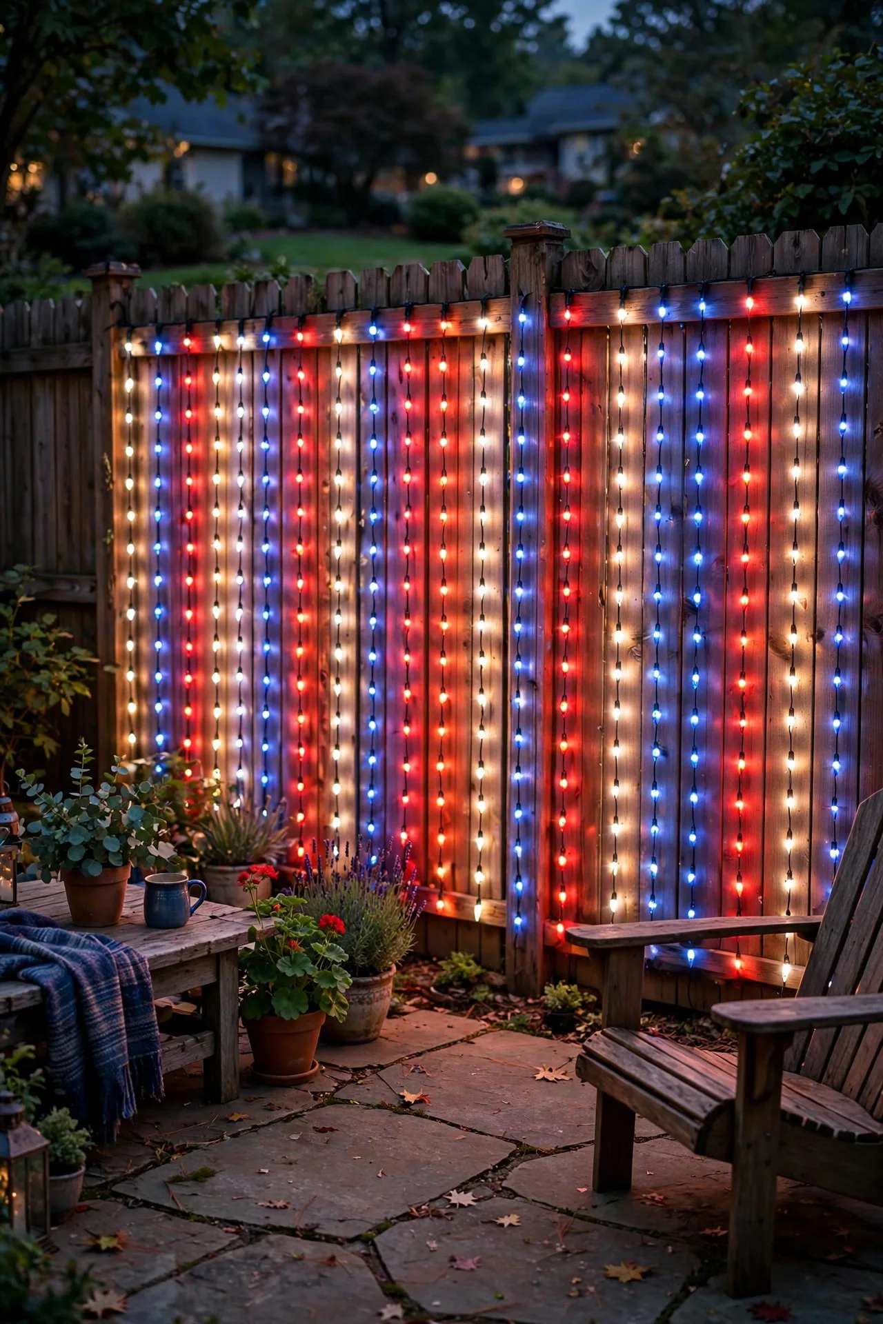 Red, white, and blue curtain lights hanging on a backyard fence for Fourth of July