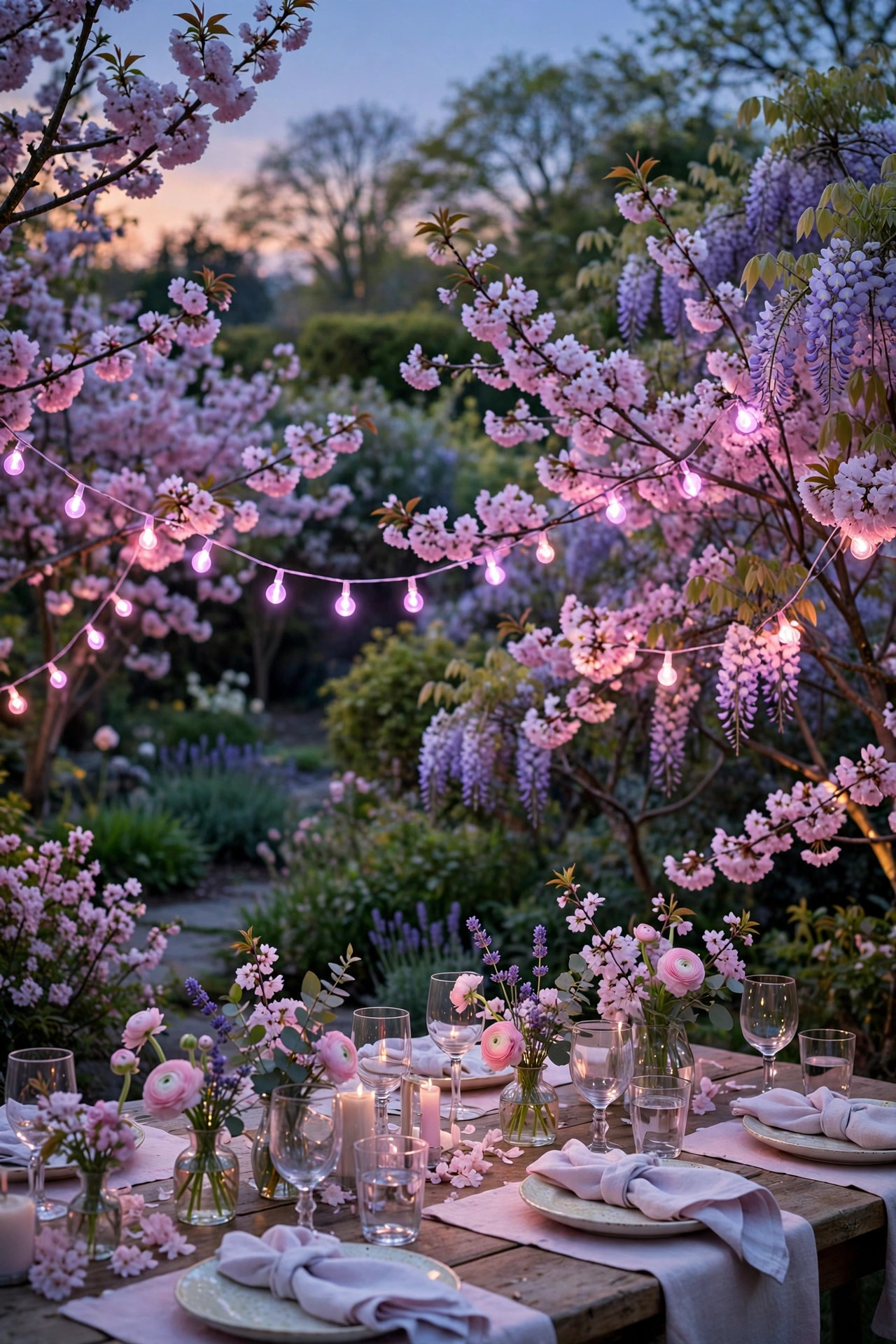 Spring garden party at dusk with pastel pink and lavender color-changing lights among flowering shrubs and a set table