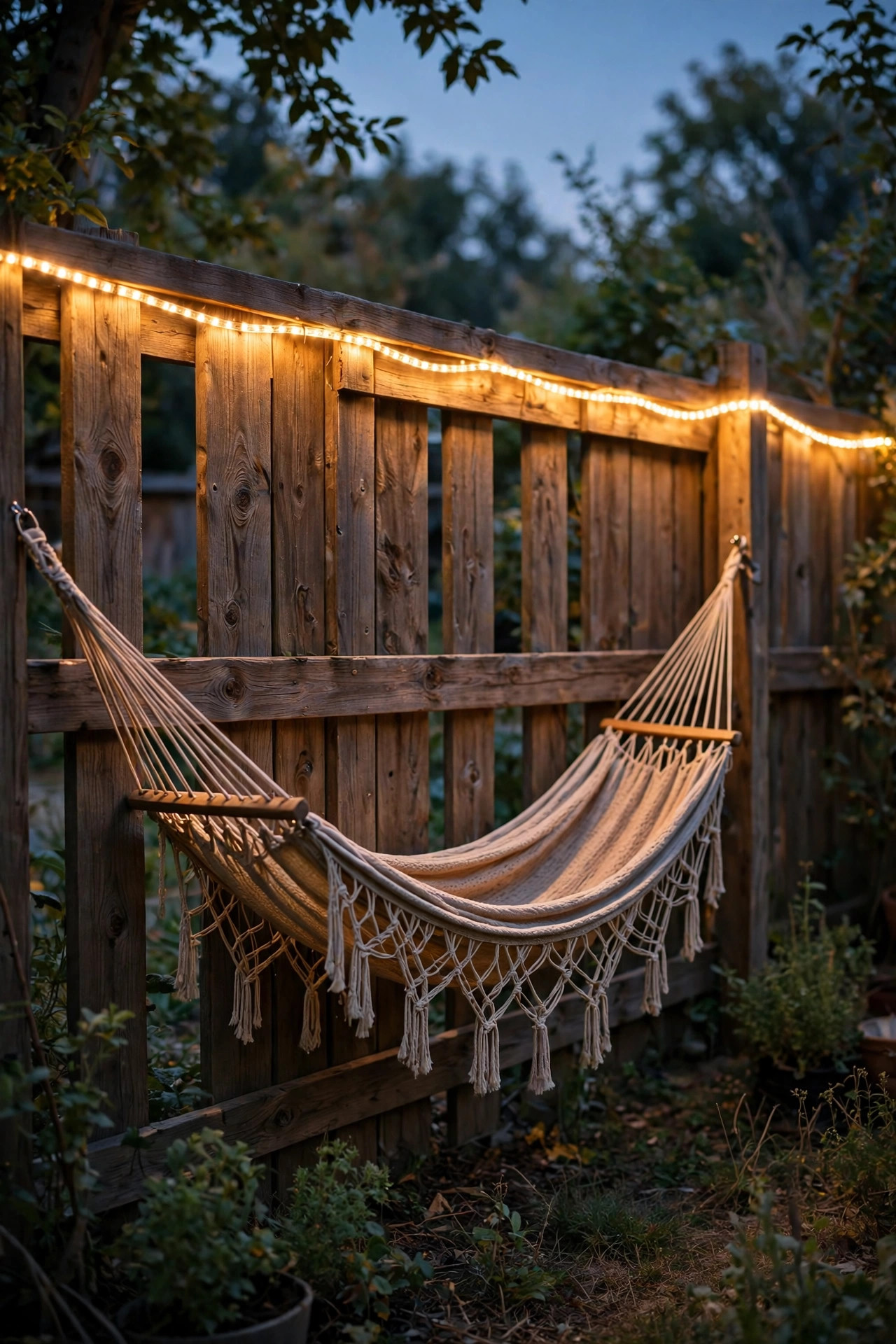 A warm LED rope light tracing the top rail of a wooden fence behind a hammock at dusk
