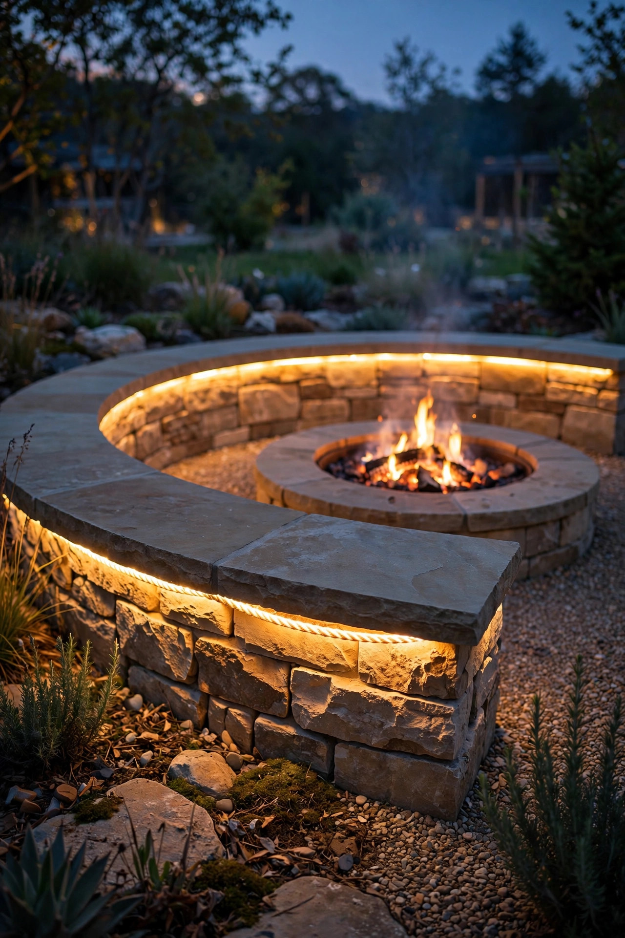 Warm rope light glowing beneath the capstone of a seating wall around a fire pit