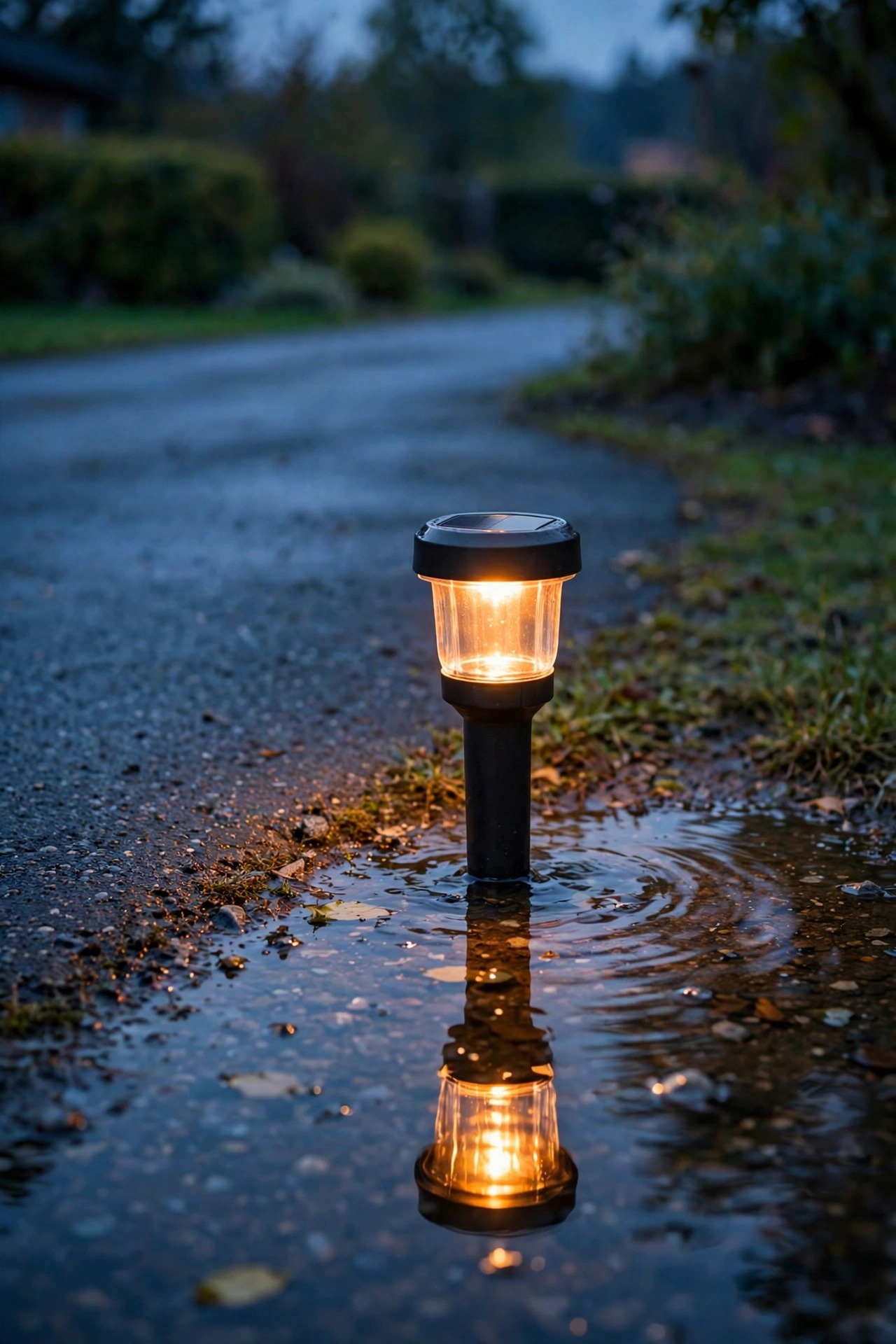 Solar driveway light standing in a shallow puddle at the driveway edge, still glowing at dusk