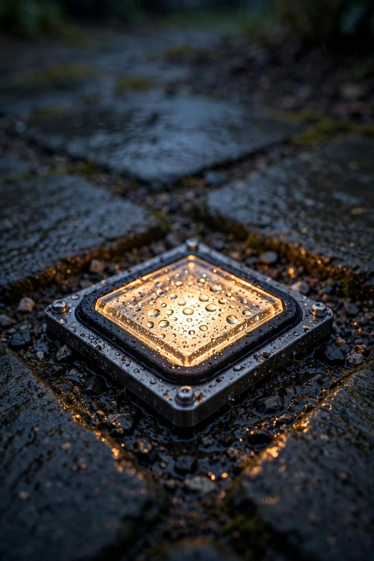 Close-up of a sealed waterproof paver light fixture set in wet stone