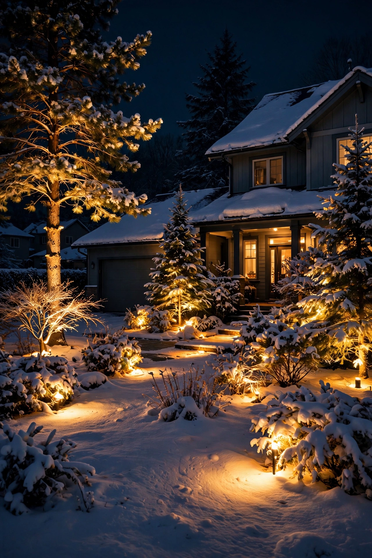 Winter night scene with uplights glowing through snow-covered trees and shrubs