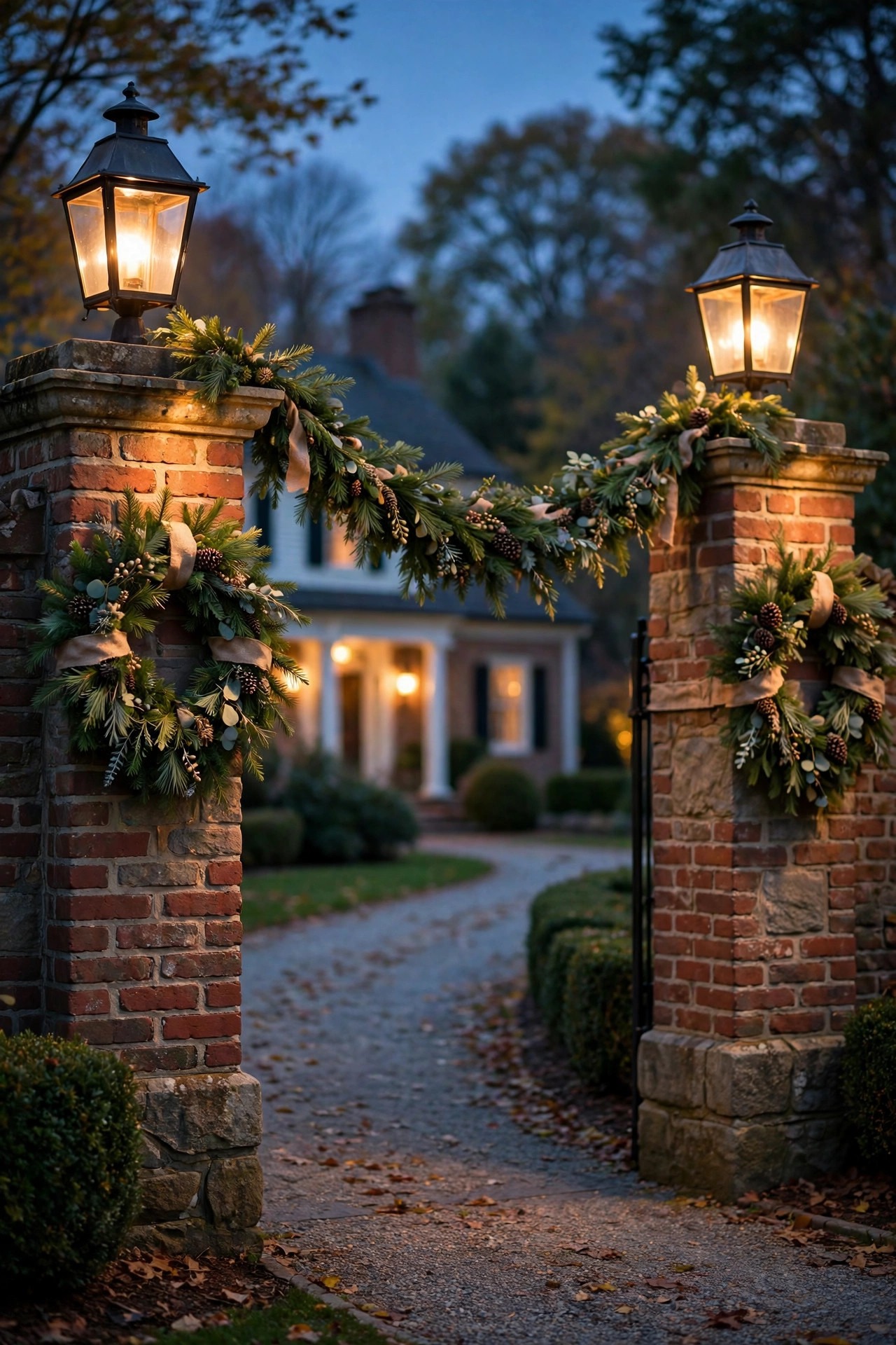 Colonial driveway entrance pillars dressed with matching evergreen wreaths and garland glowing under lantern light