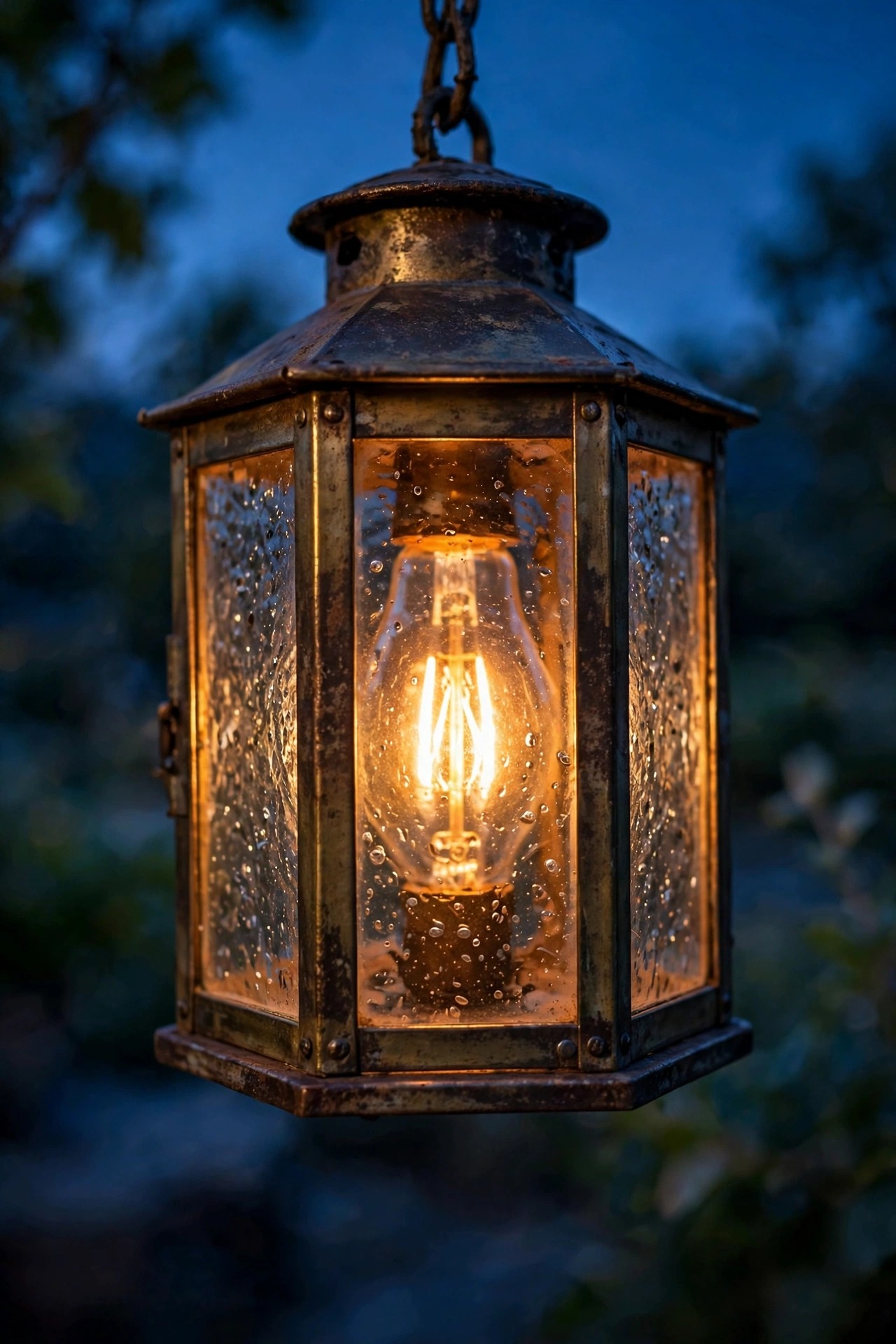 Close view of a rustic lantern with seeded glass and an amber filament bulb glowing warmly