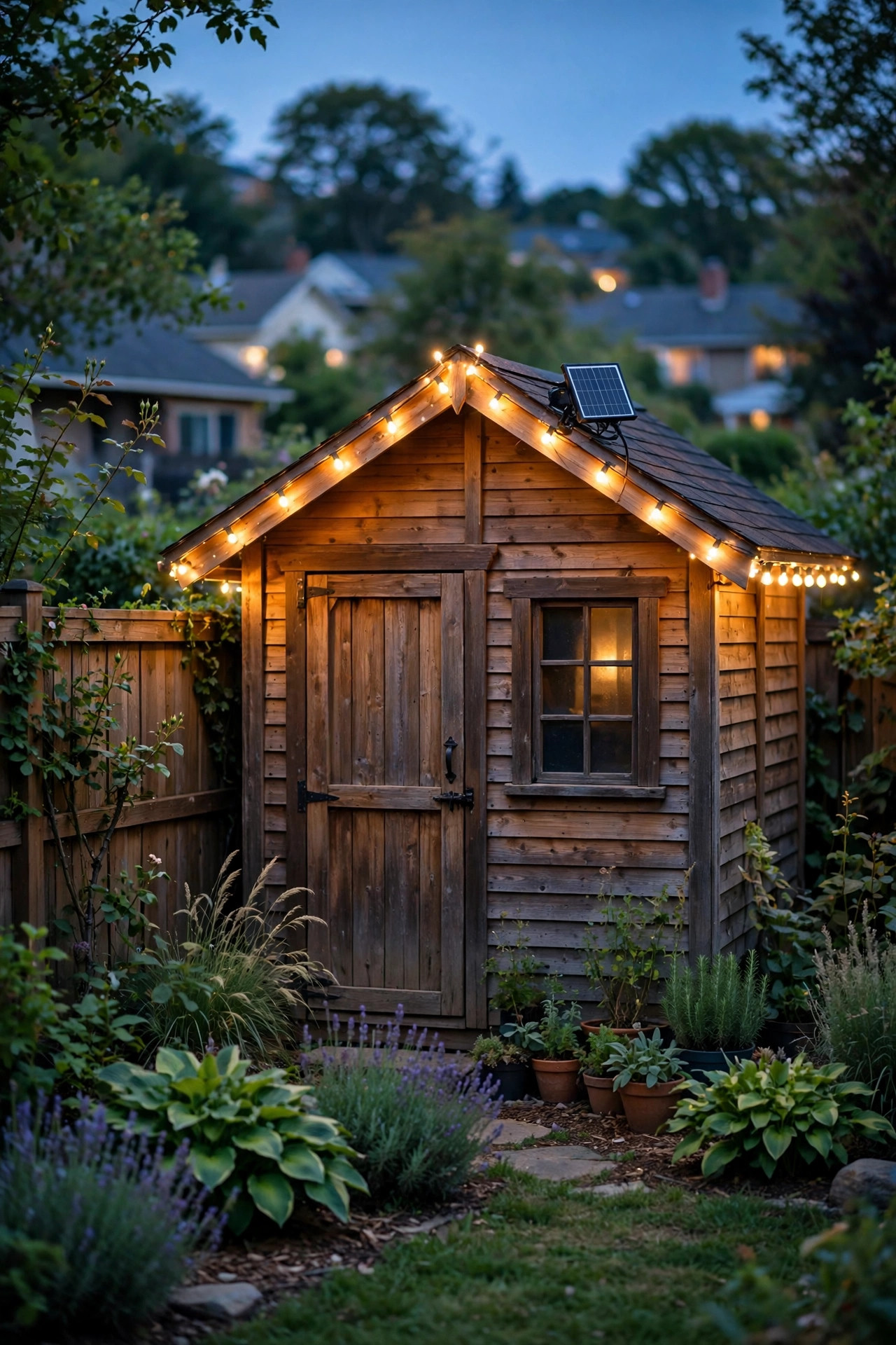 Solar string lights outdoor outlining a backyard shed roofline glowing warmly at dusk