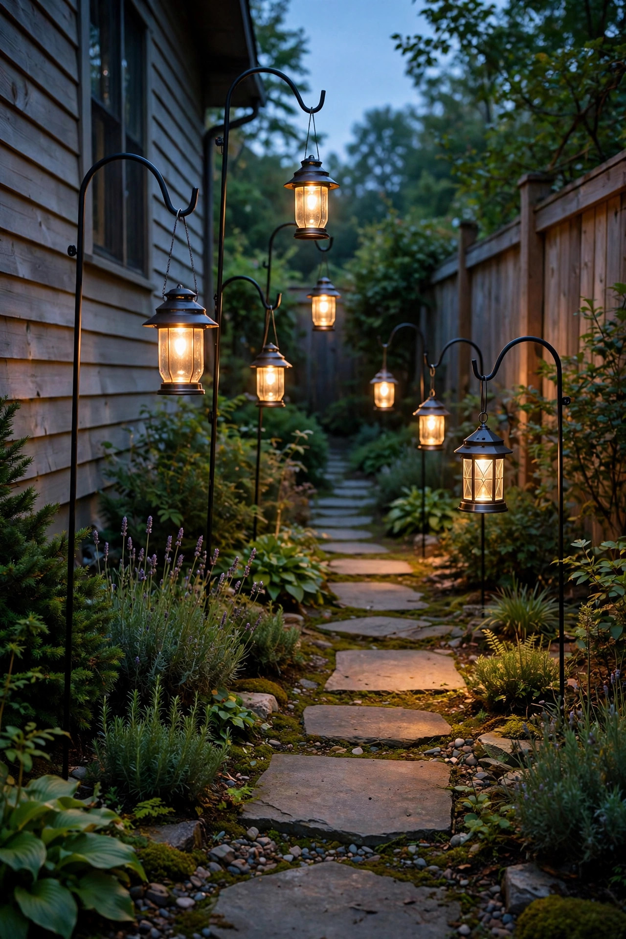 Shepherd's hook lanterns at staggered heights hanging warm solar lanterns along a stepping stone side yard