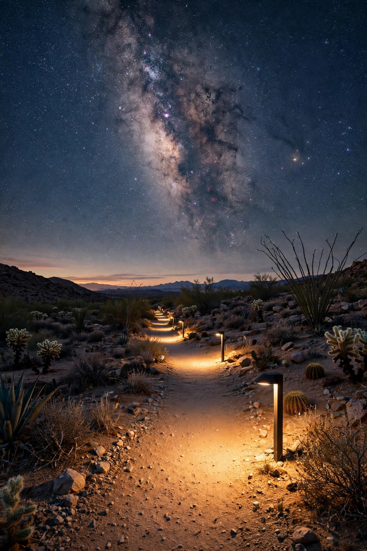 Fully shielded downward outdoor fixtures lighting a desert path under a star-filled night sky with the Milky Way visible