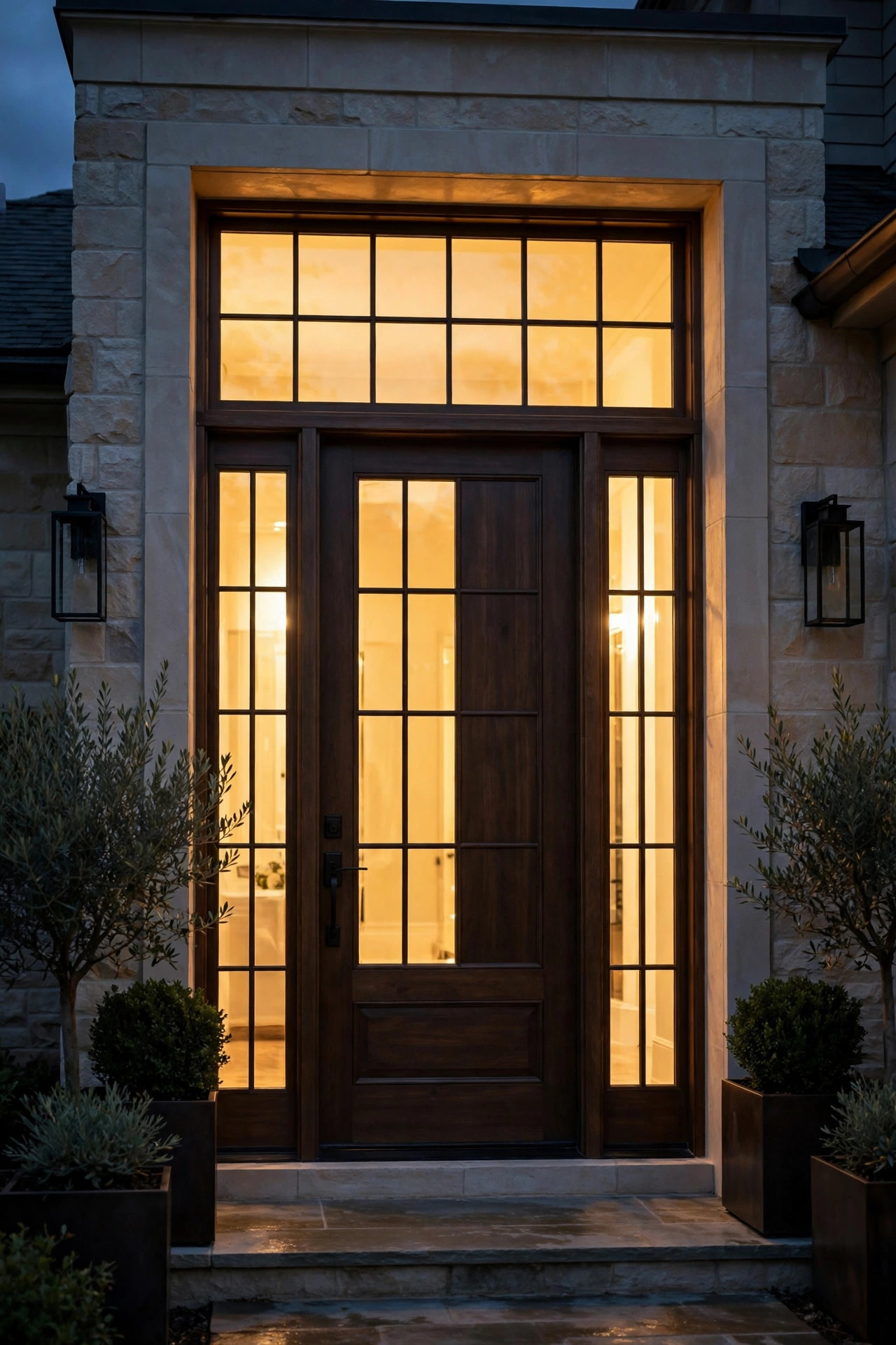 Warm light glowing through sidelights and a transom window around a luxury front door at dusk
