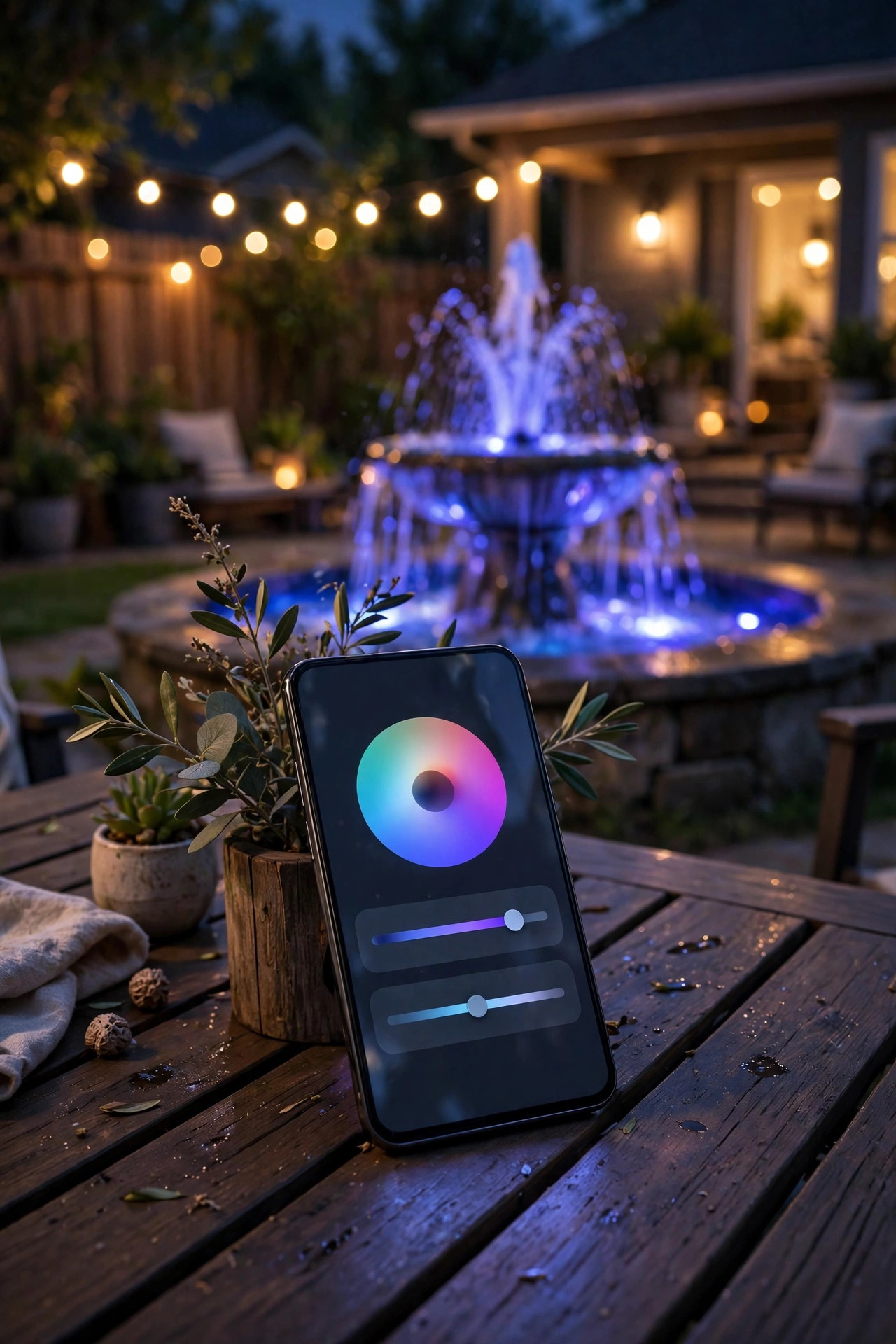 smartphone app controlling color-changing fountain lights at night