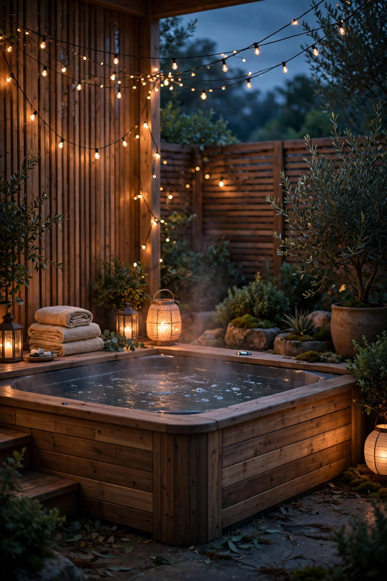 Hot tub corner at twilight with lanterns and string lights all dimmed to a warm soak scene, calm even glow throughout