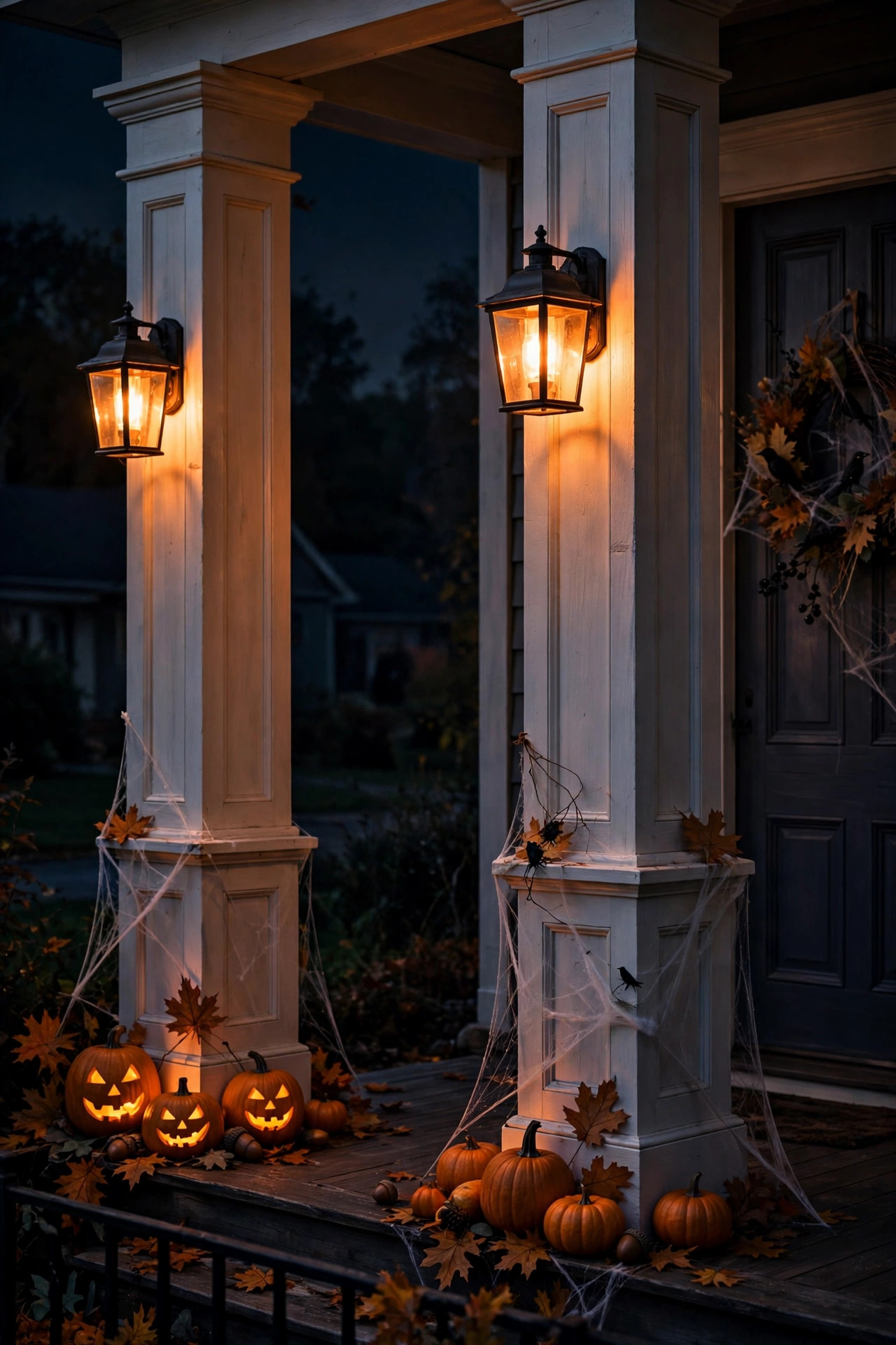 Porch column fixtures glowing amber with smart bulbs for a Halloween evening display