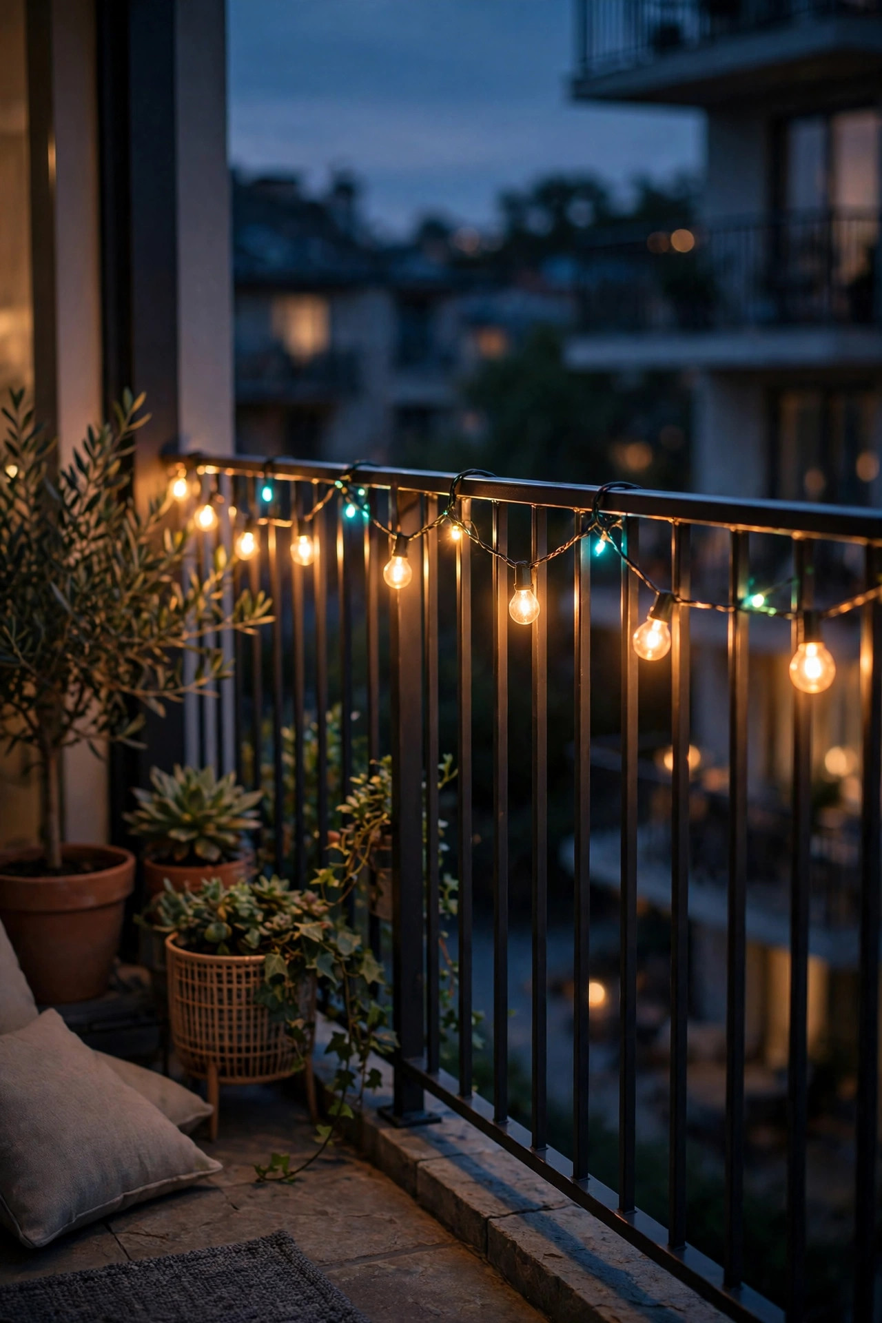 Smart string lights along a balcony railing glowing in warm amber tones with a few accent colors at night