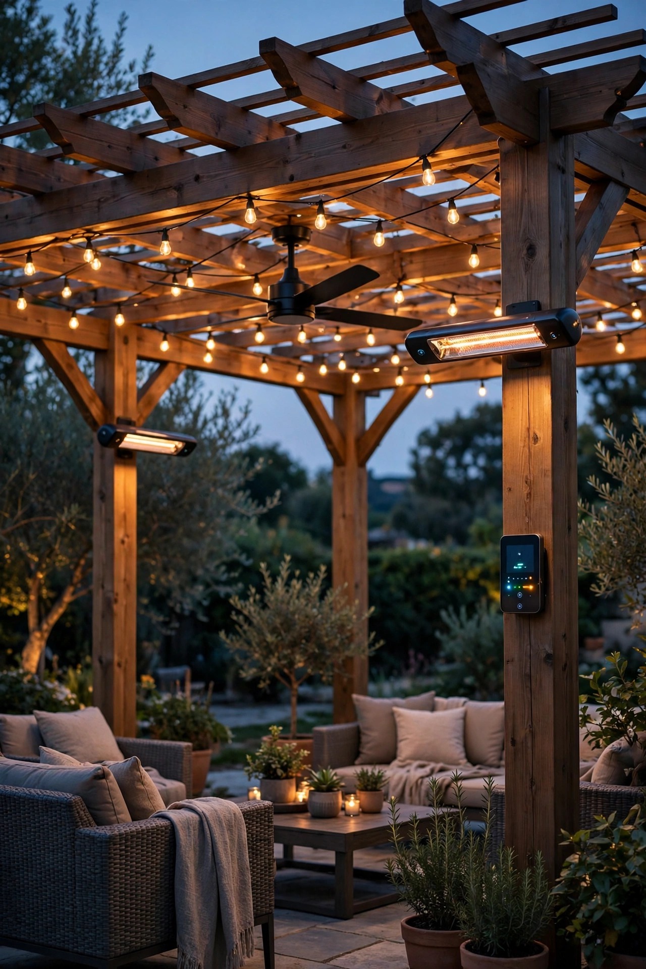 Pergola glowing at dusk with fan, string lights, and heaters running on smart controls