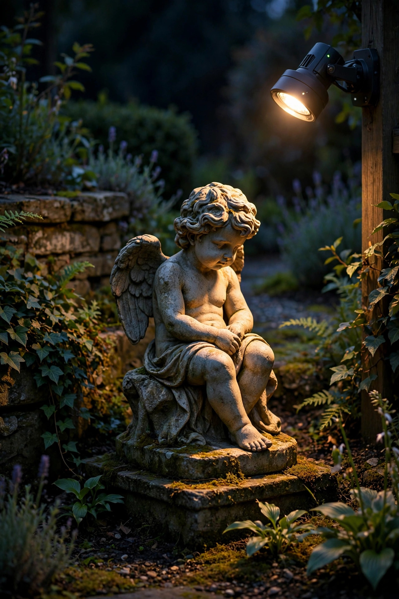 Garden statue softly lit at half brightness by a dimmable smart spotlight at night, phone-controlled warm glow