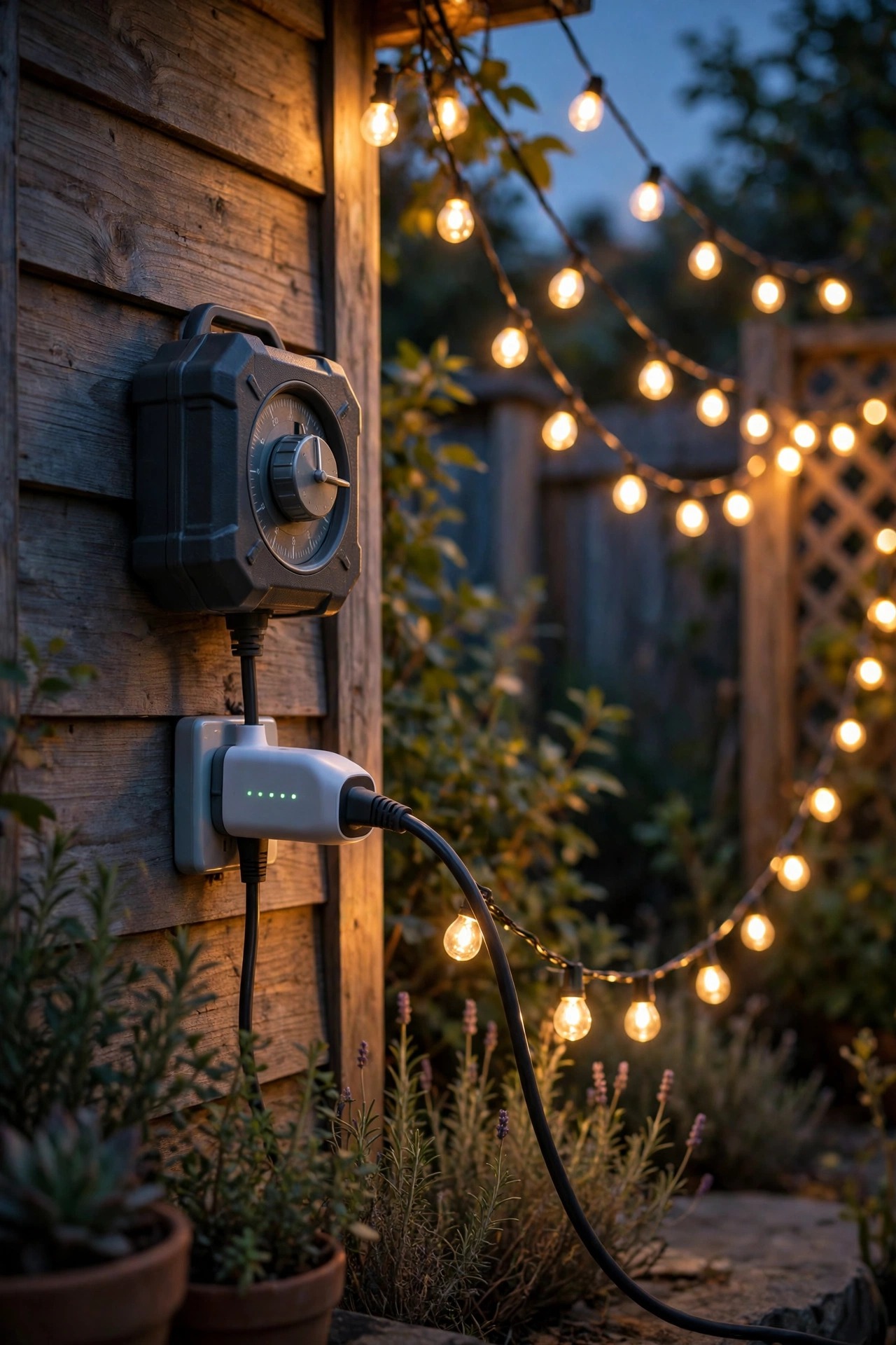 Outdoor timer and smart plug controlling warm backyard string lights that turn on automatically at dusk