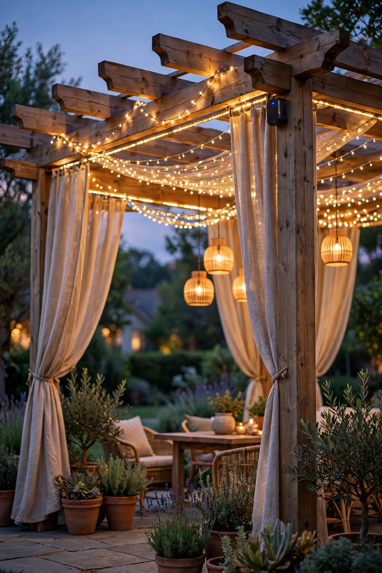 Pergola with curtains and layered lights on a smart timer glowing at dusk