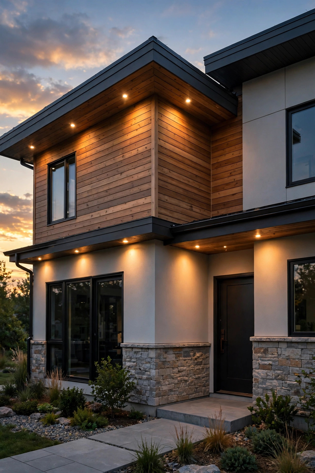 Home facade with soffit downlights turned on automatically at sunset by a smart timer