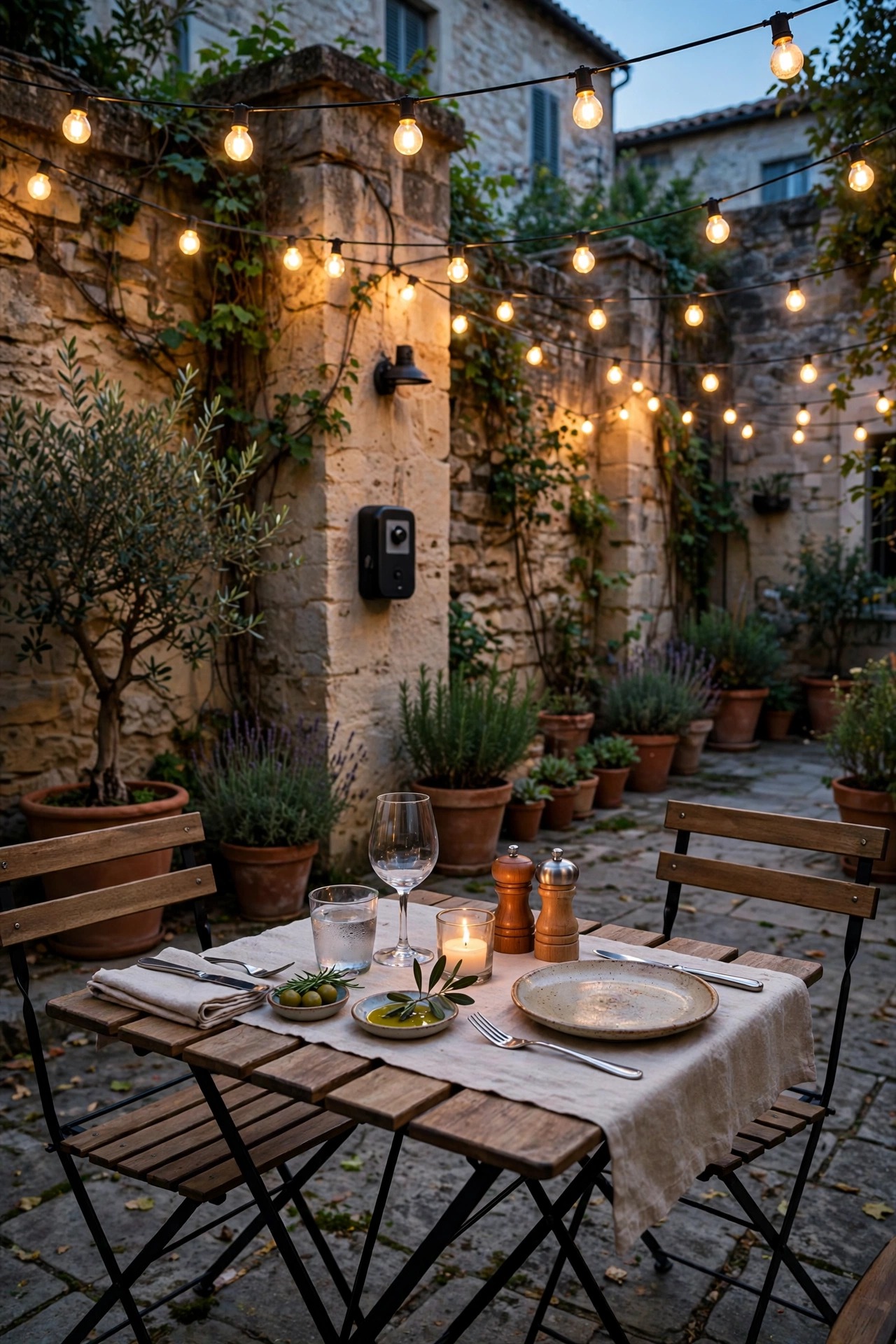 Courtyard lights glowing at dusk on an automatic timer schedule, bistro table set for the evening