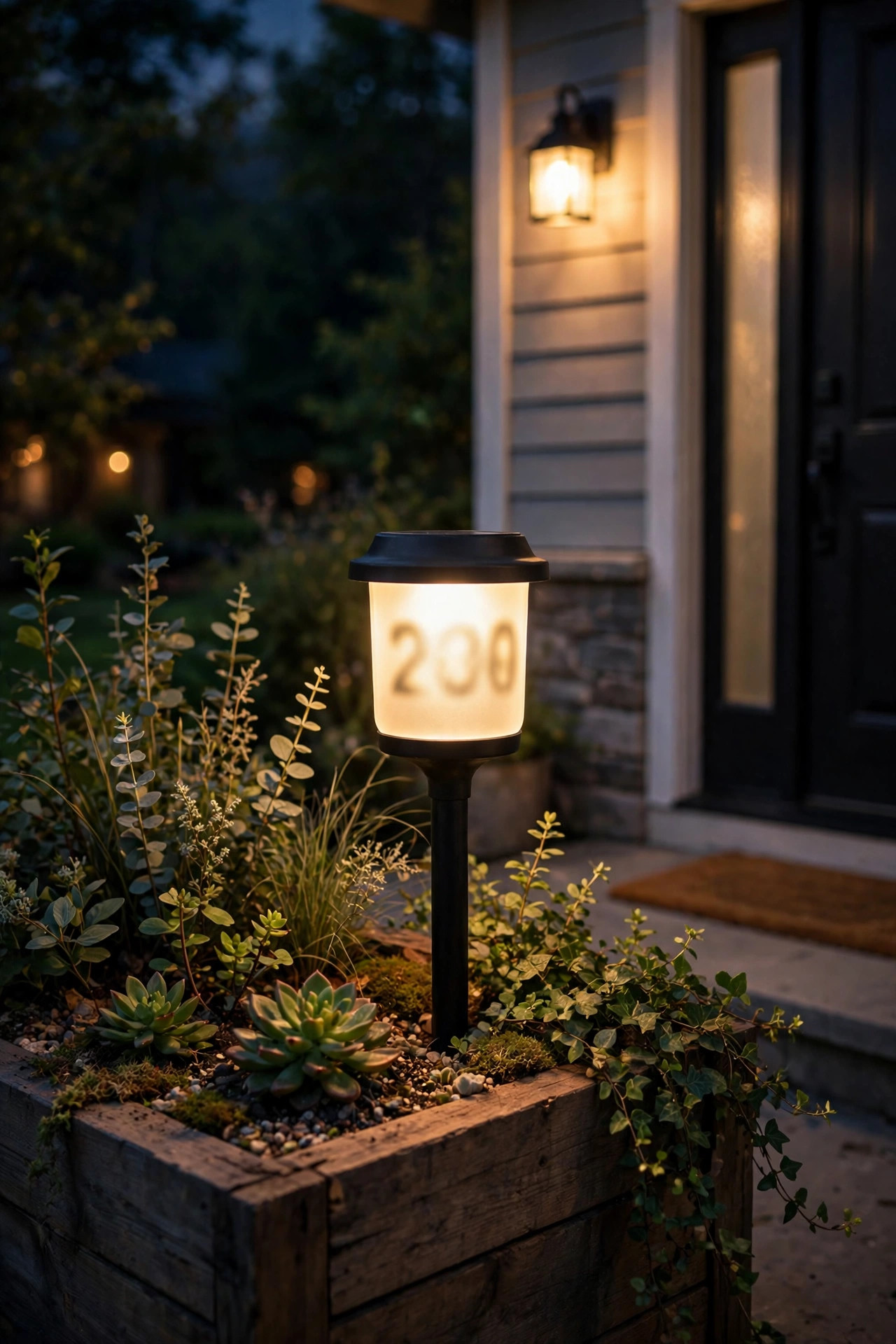 Solar house number light glowing in a planter beside a rental home entry at night