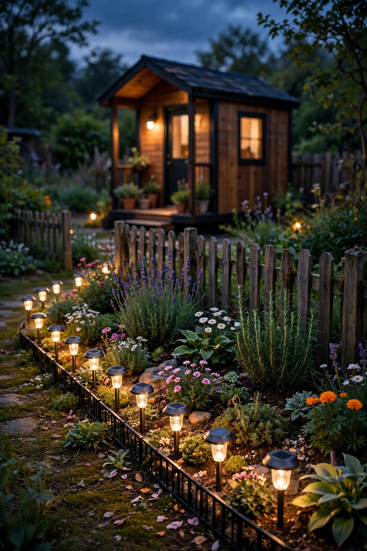 Low solar border lights edging a flower bed and short fence around a tiny house yard glowing softly at dusk