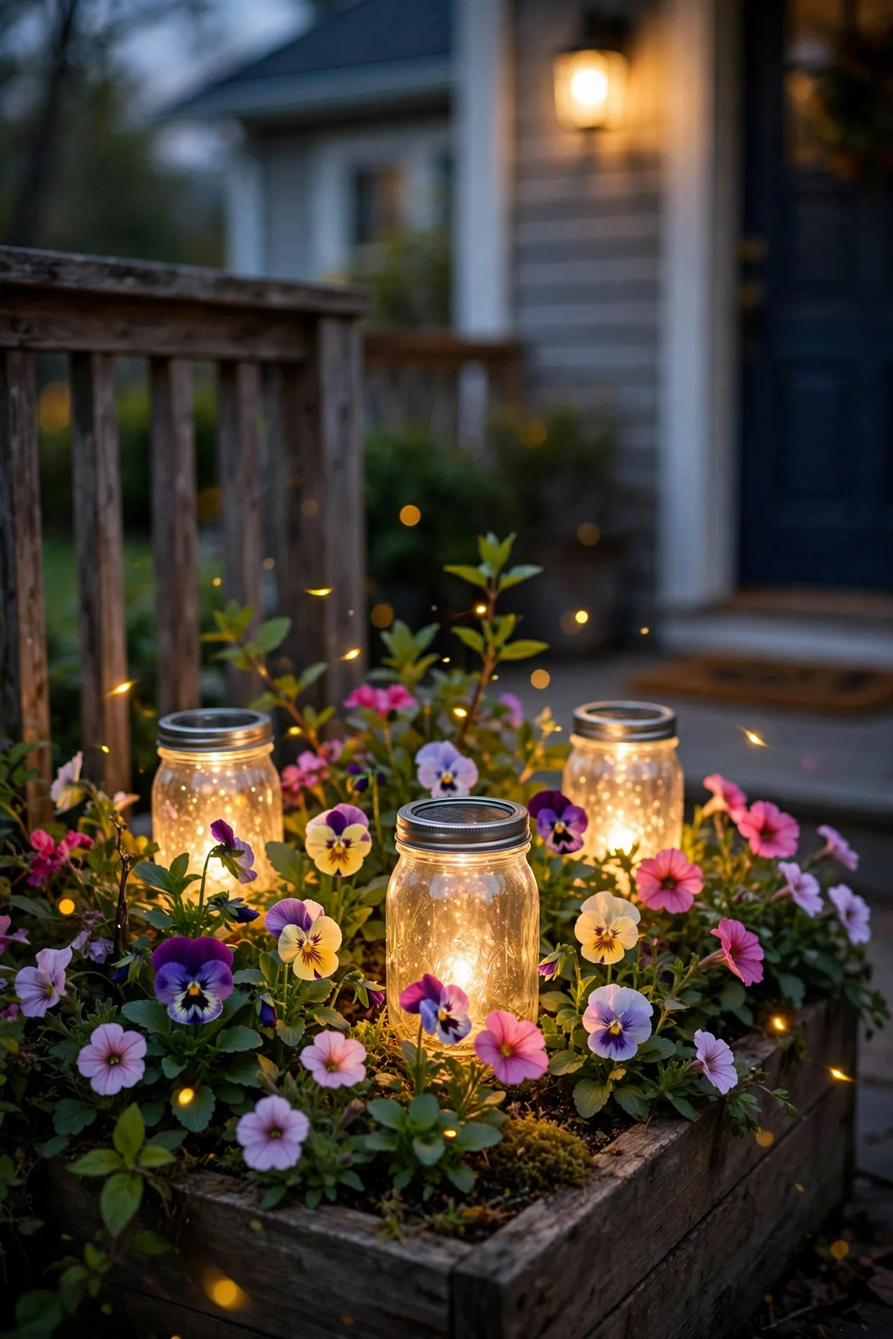 Solar mason jar lights glowing softly among spring flowers in a front porch planter at dusk