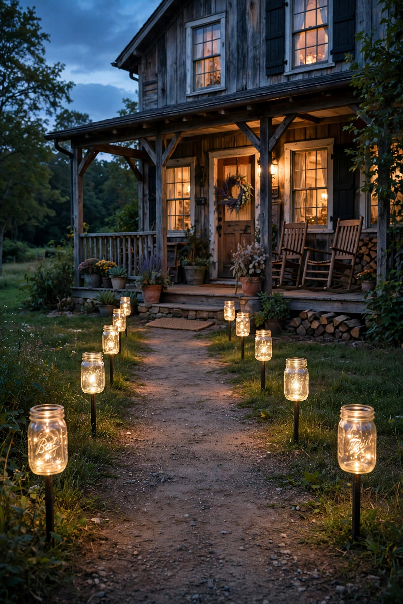 Solar mason jar lanterns on shepherd's hooks lining a farmhouse walkway at dusk