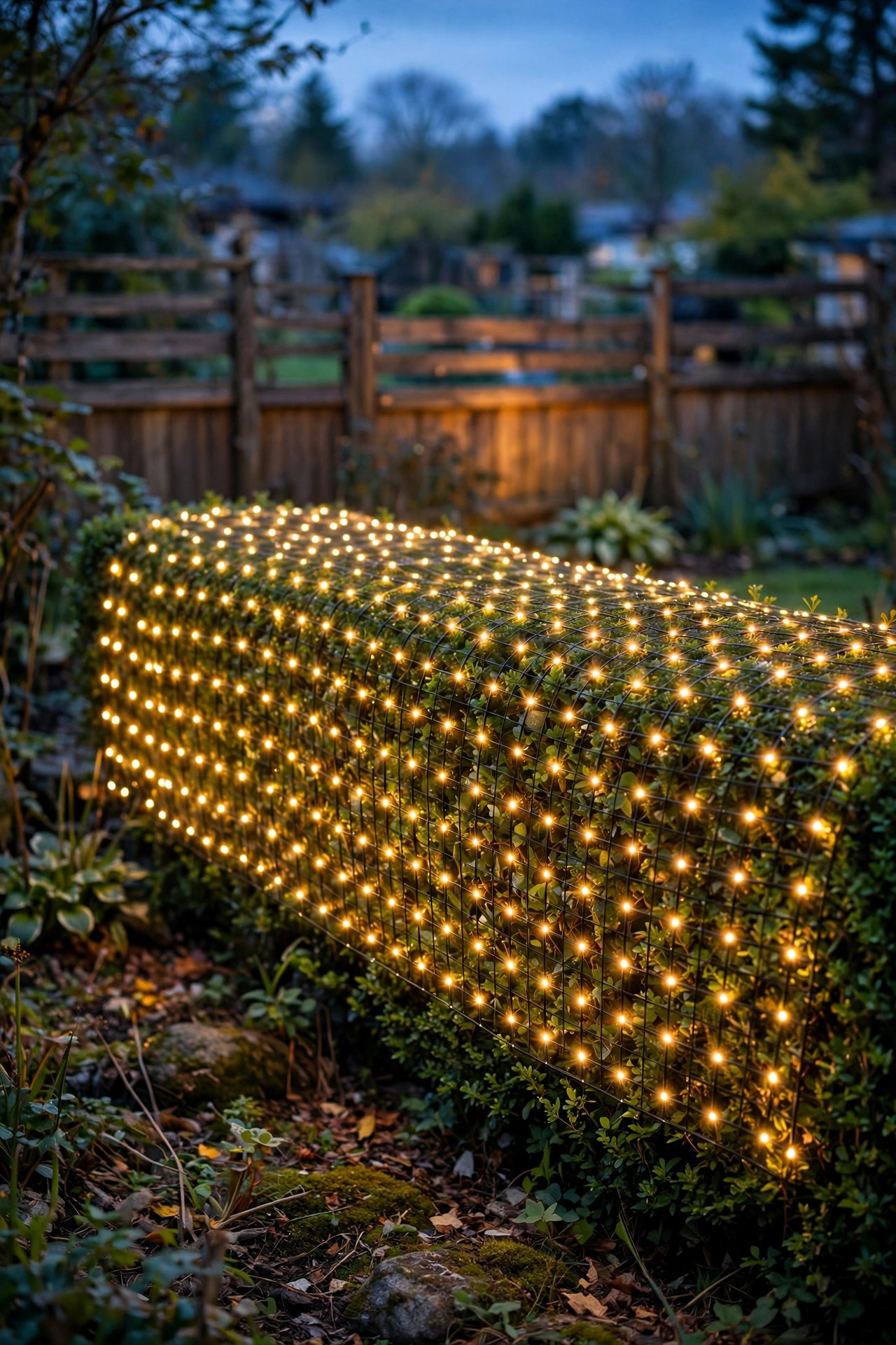 Solar net lights draped over a backyard hedge creating an even starry glow at dusk, fence behind softly lit