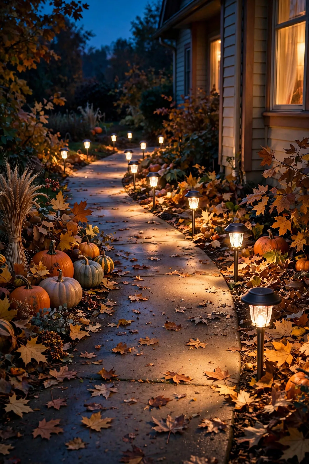 Warm solar path lights lining a side yard walkway for thanksgiving outdoor lighting