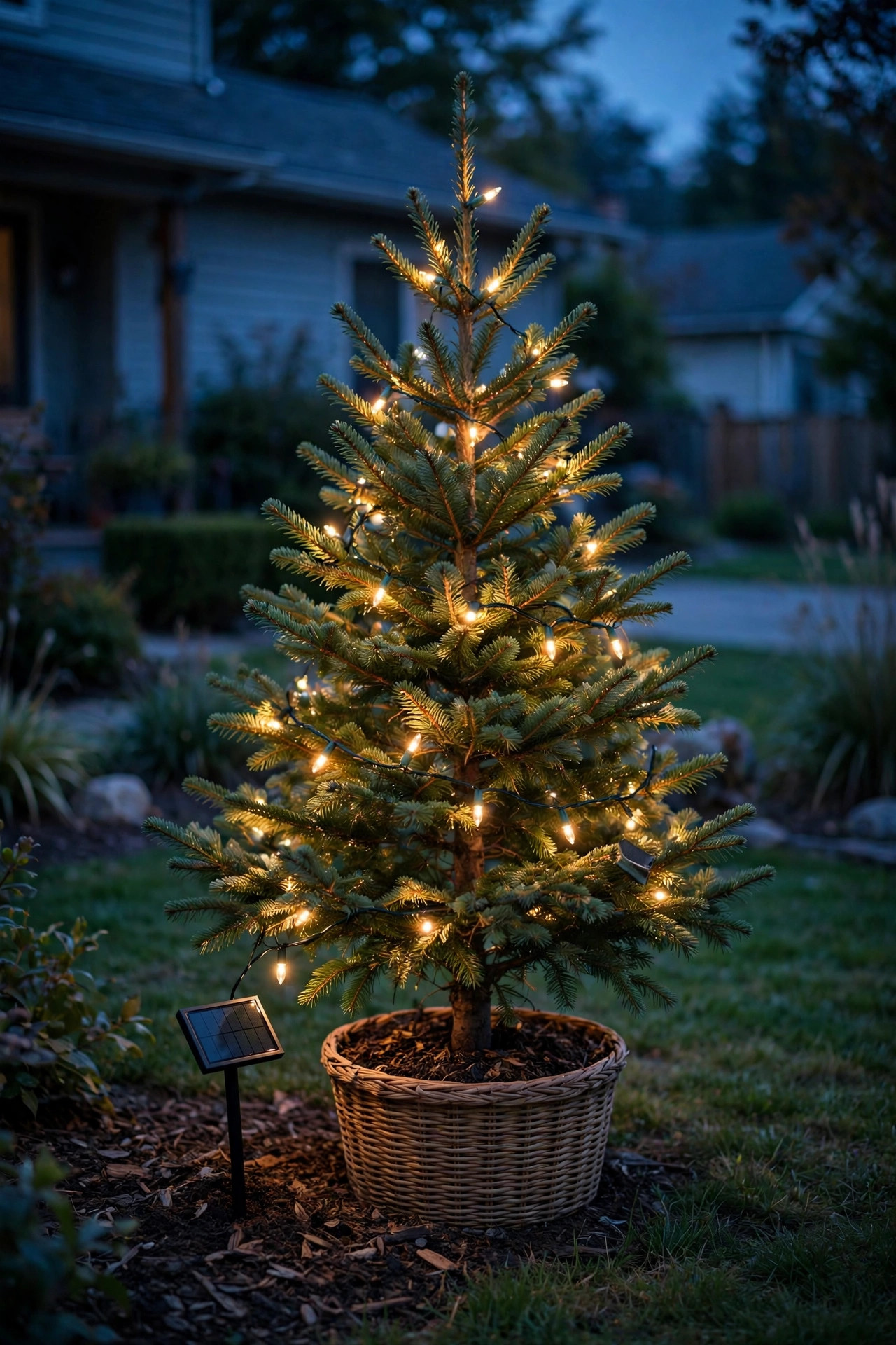 Solar-powered string lights glowing softly on a front yard Christmas tree at dusk