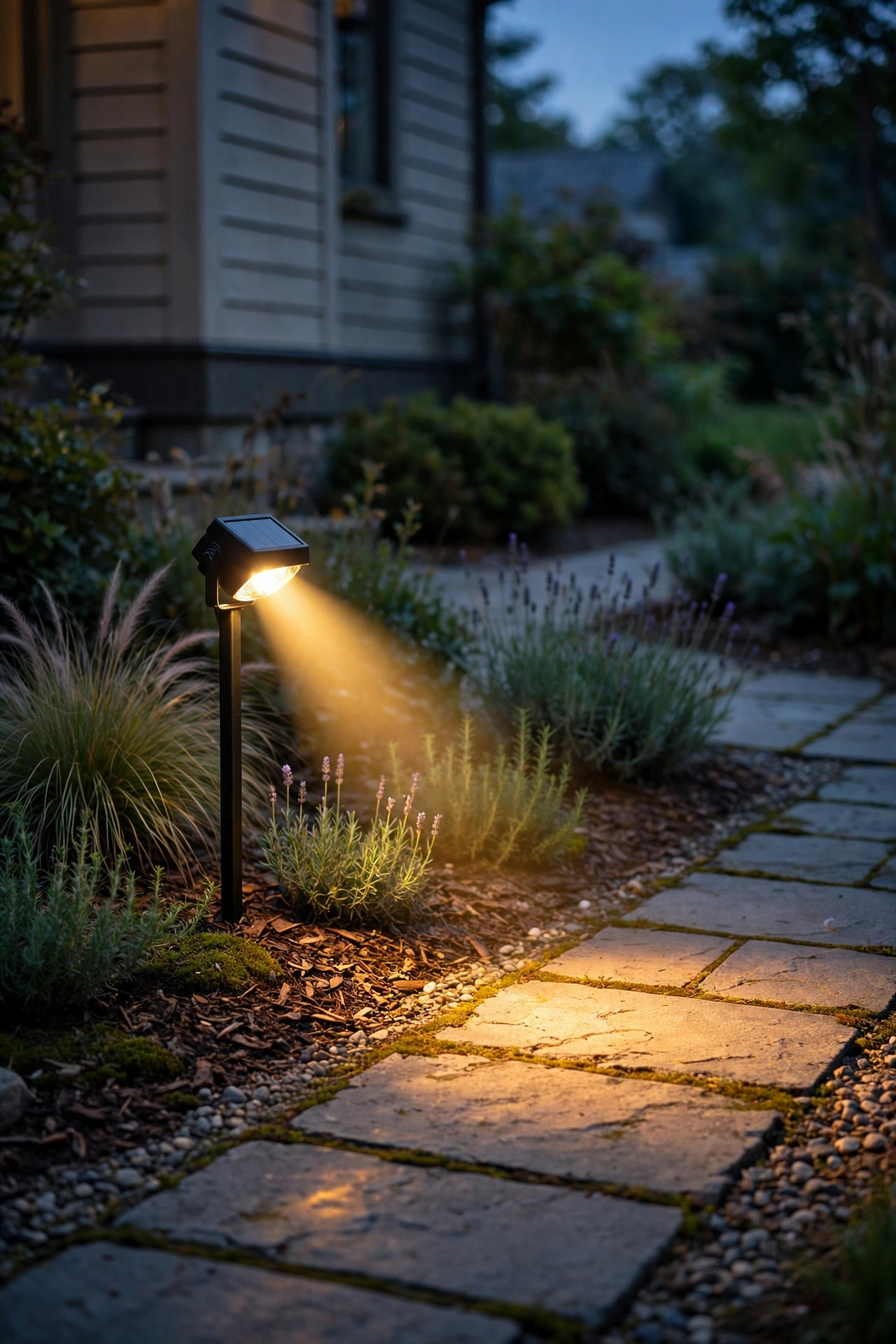 Solar spotlight in a garden bed casting a low beam of warm light across a walkway