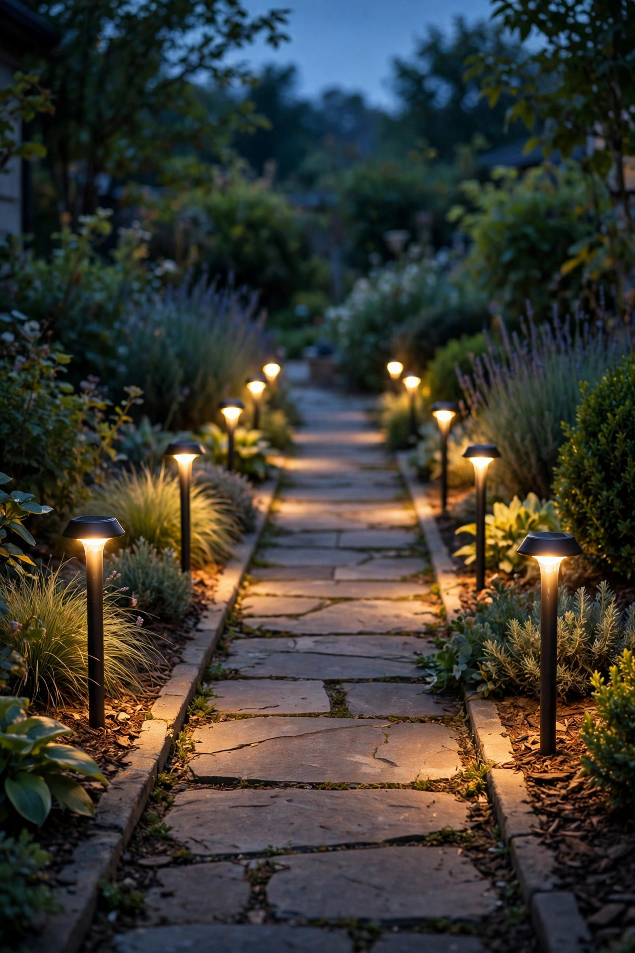 Solar stake lights glowing warmly along a garden path at dusk, quick no-wiring curb appeal fix
