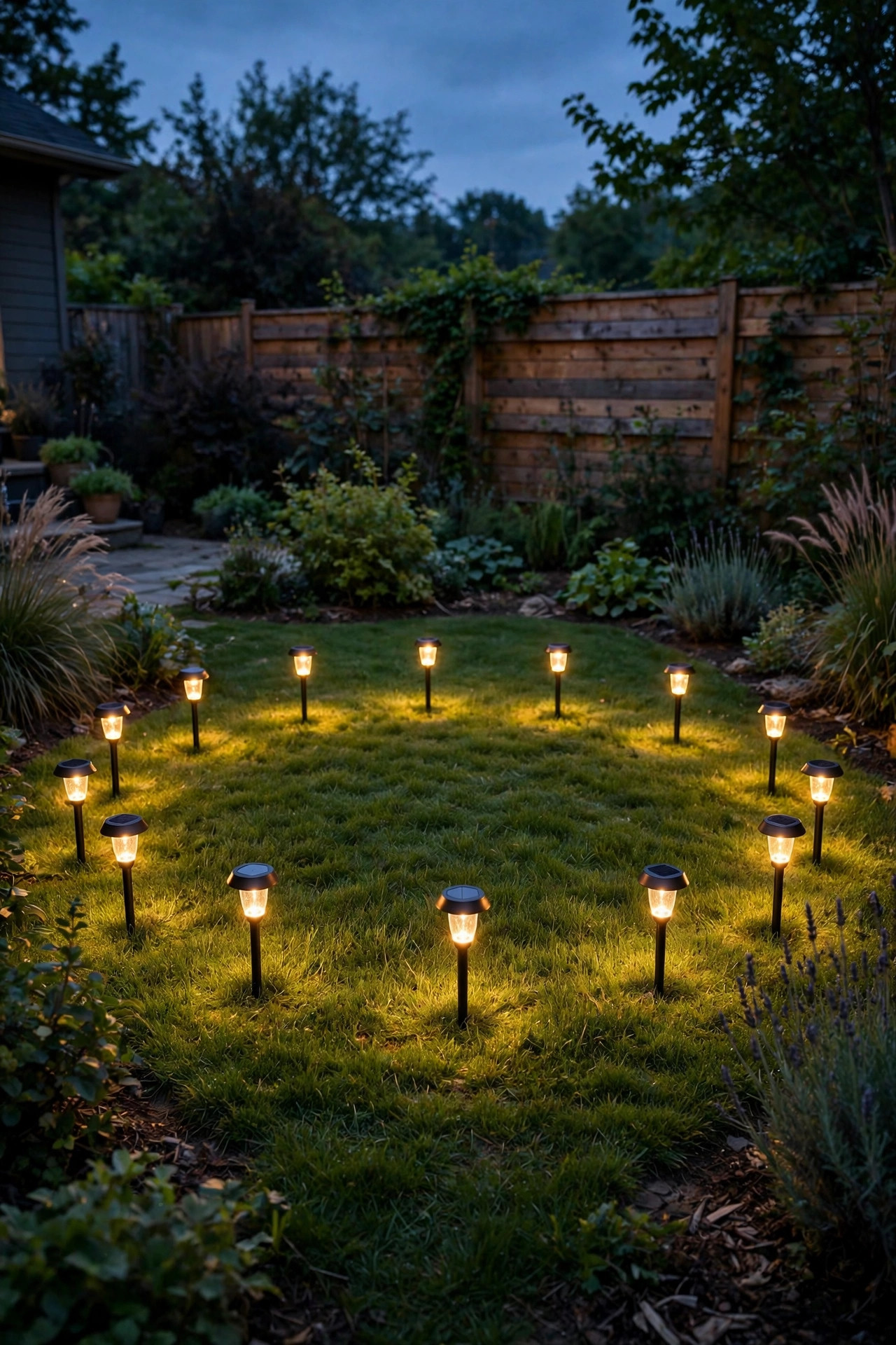 Ring of warm solar stake lights defining an open lawn area in a backyard at dusk