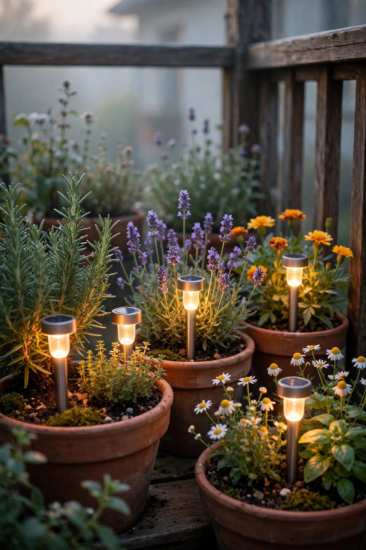 Small solar stake lights glowing among herbs and flowers in balcony planter pots in early morning light