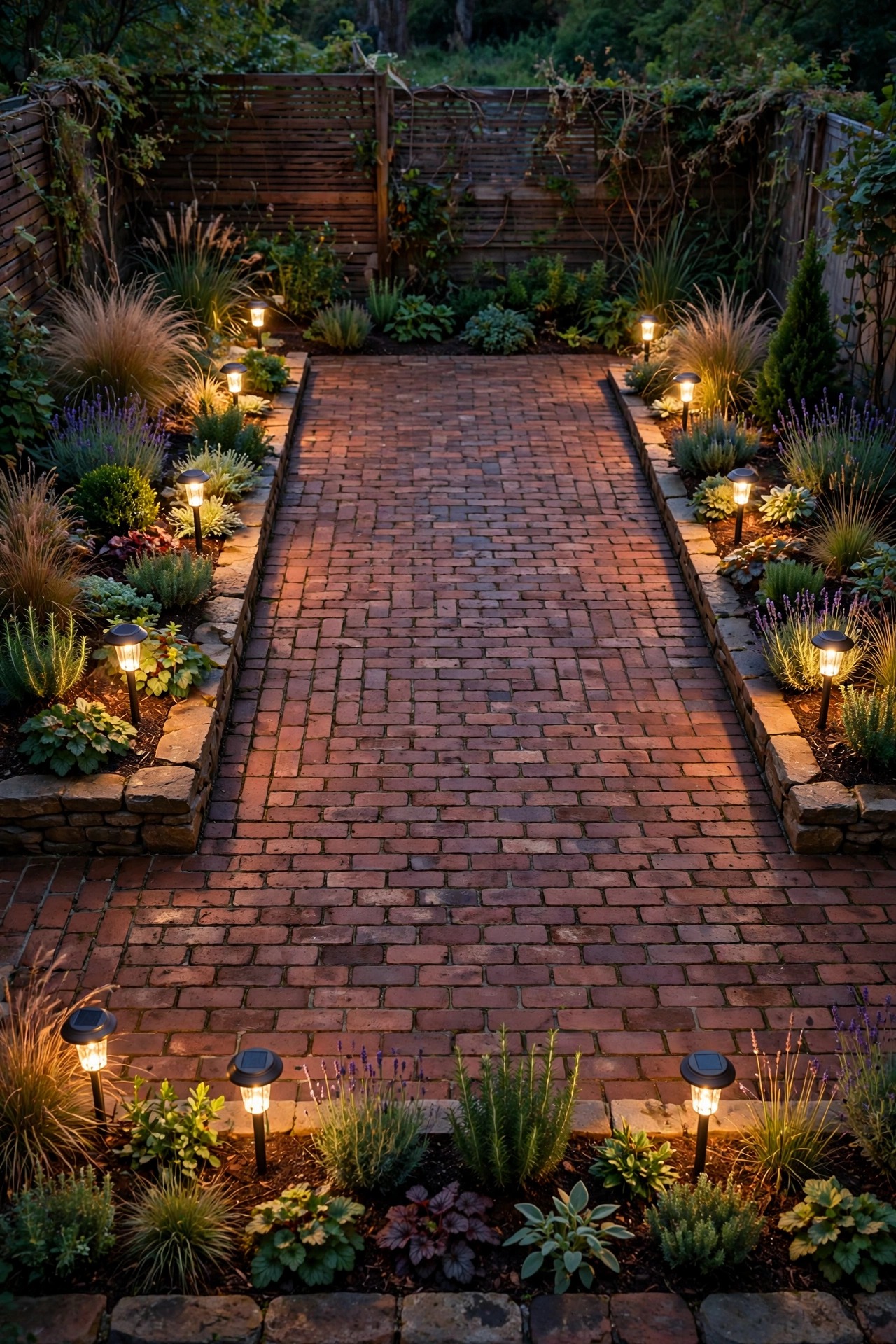 Warm solar stake lights glowing in planting beds that border a brick patio