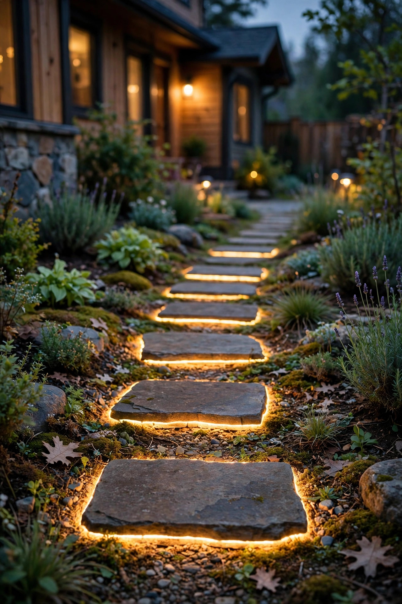Solar stepping stones with glowing edges set into a narrow garden path at twilight