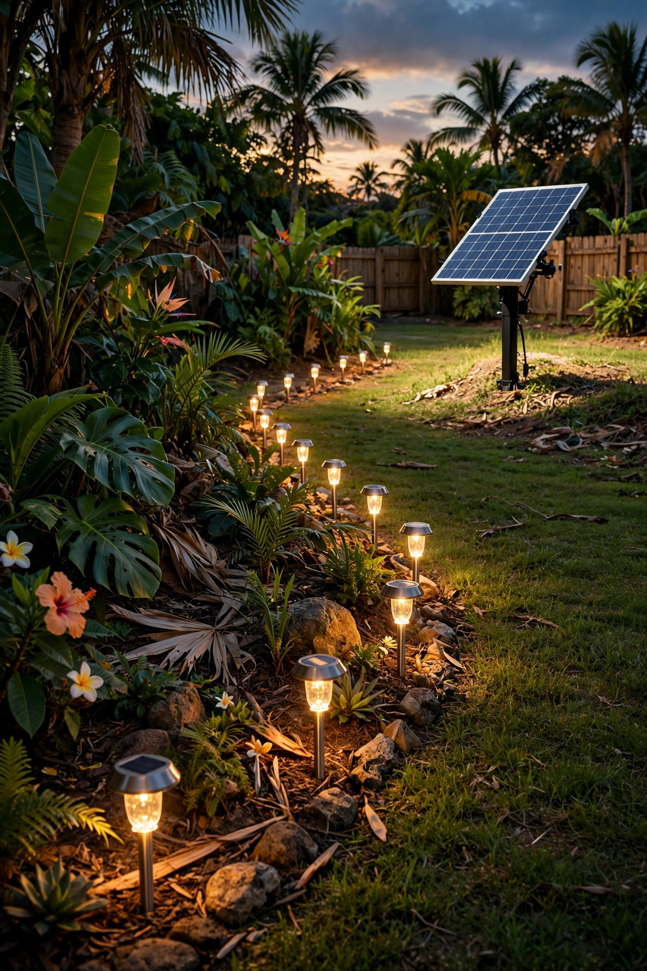Solar garden lights glowing at dusk along the sunny edge of a tropical yard with a detached solar panel mounted in a bright spot