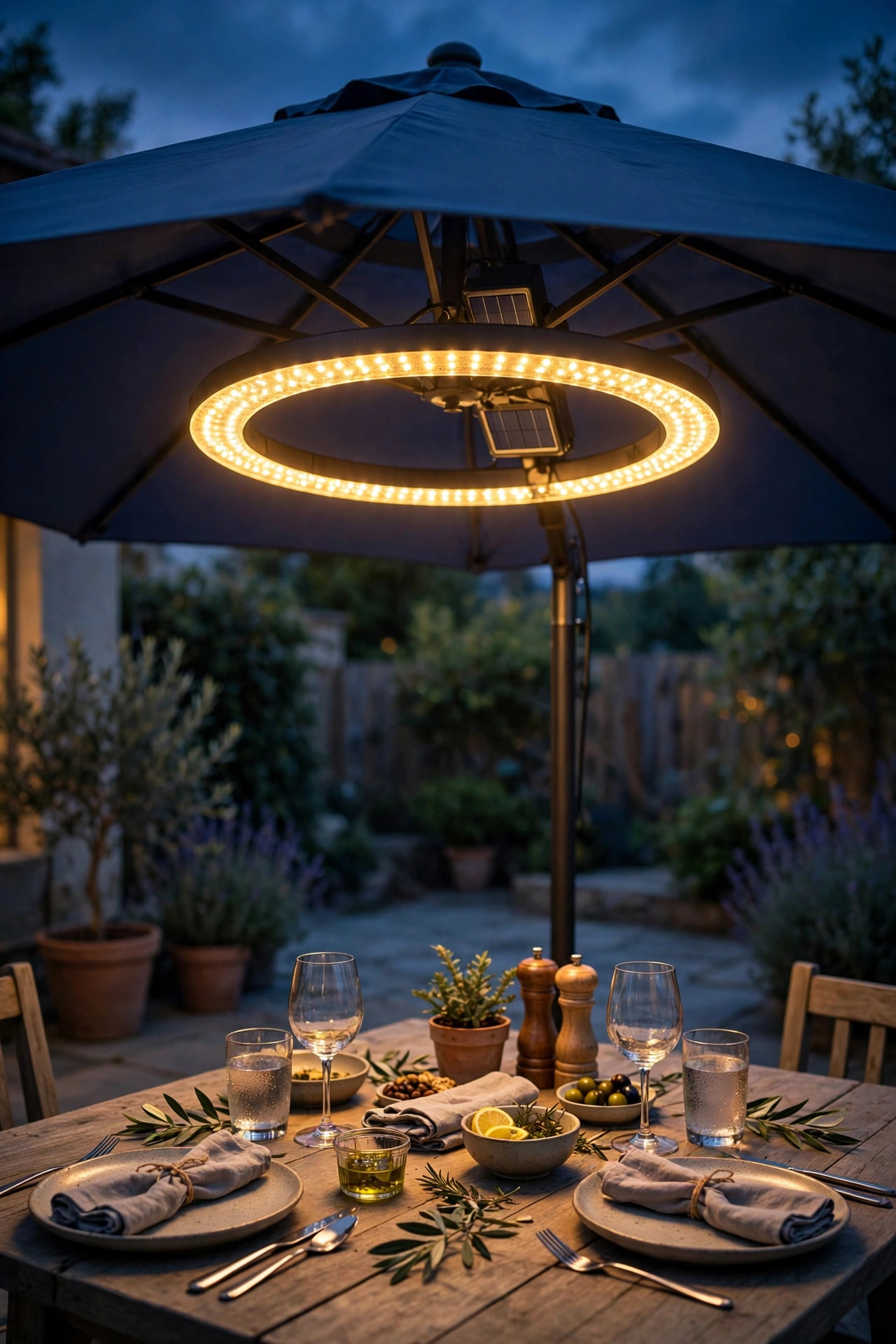 Solar umbrella light ring glowing under a patio umbrella over a set dining table at dusk