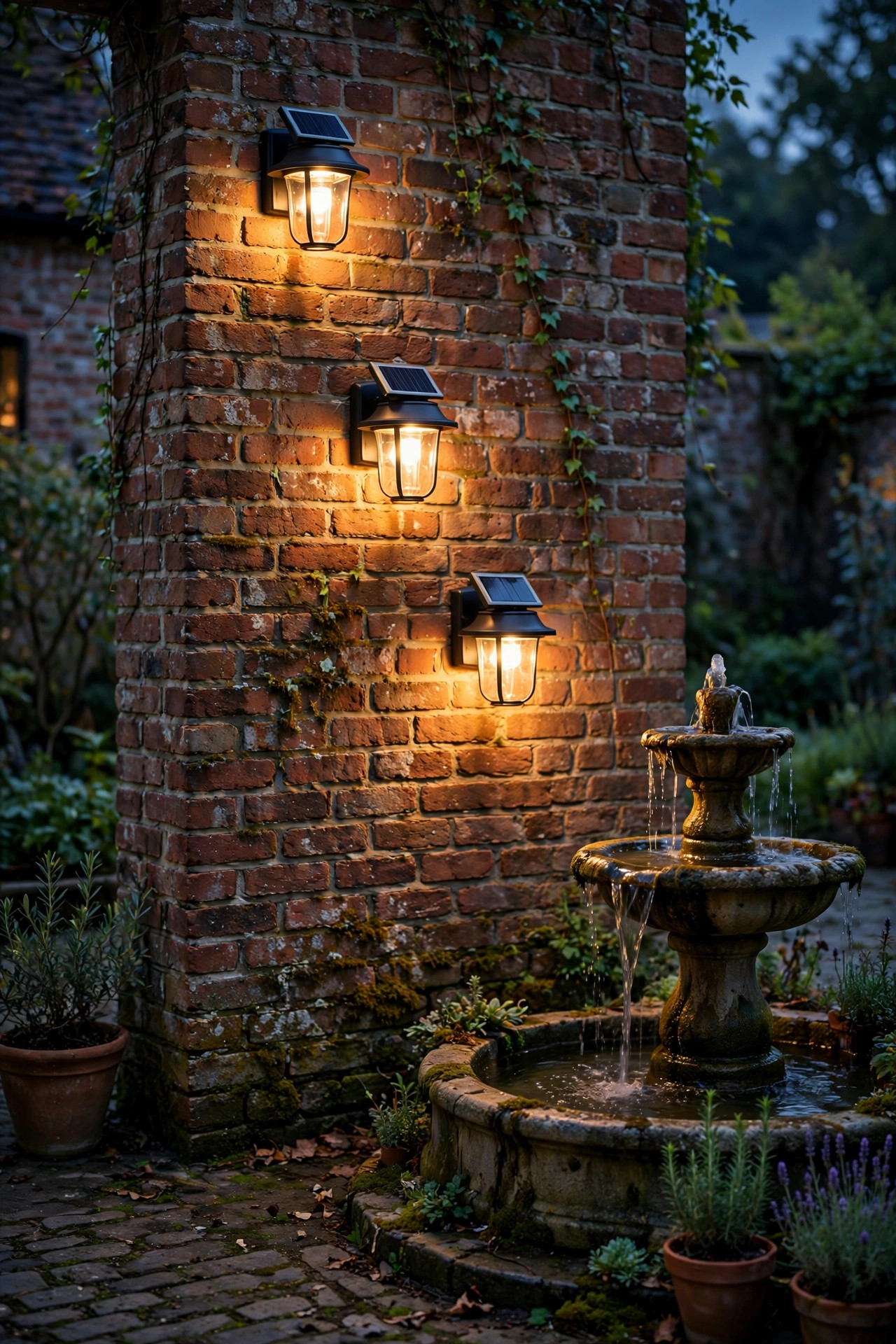 Solar wall sconces glowing warm on a brick courtyard wall at dusk with a fountain nearby
