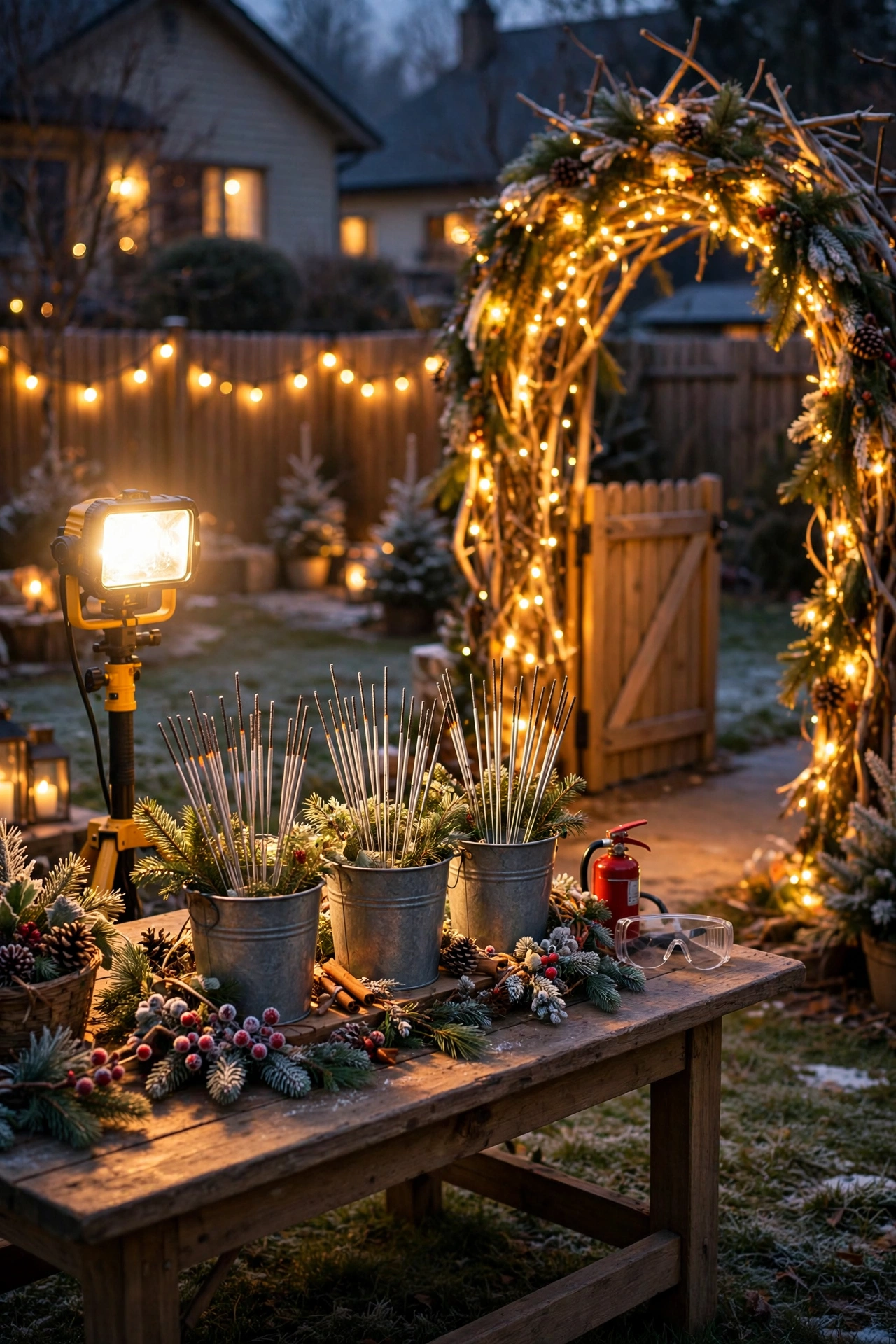 Sparkler send-off station with bright safety lighting at an outdoor New Year's Eve party