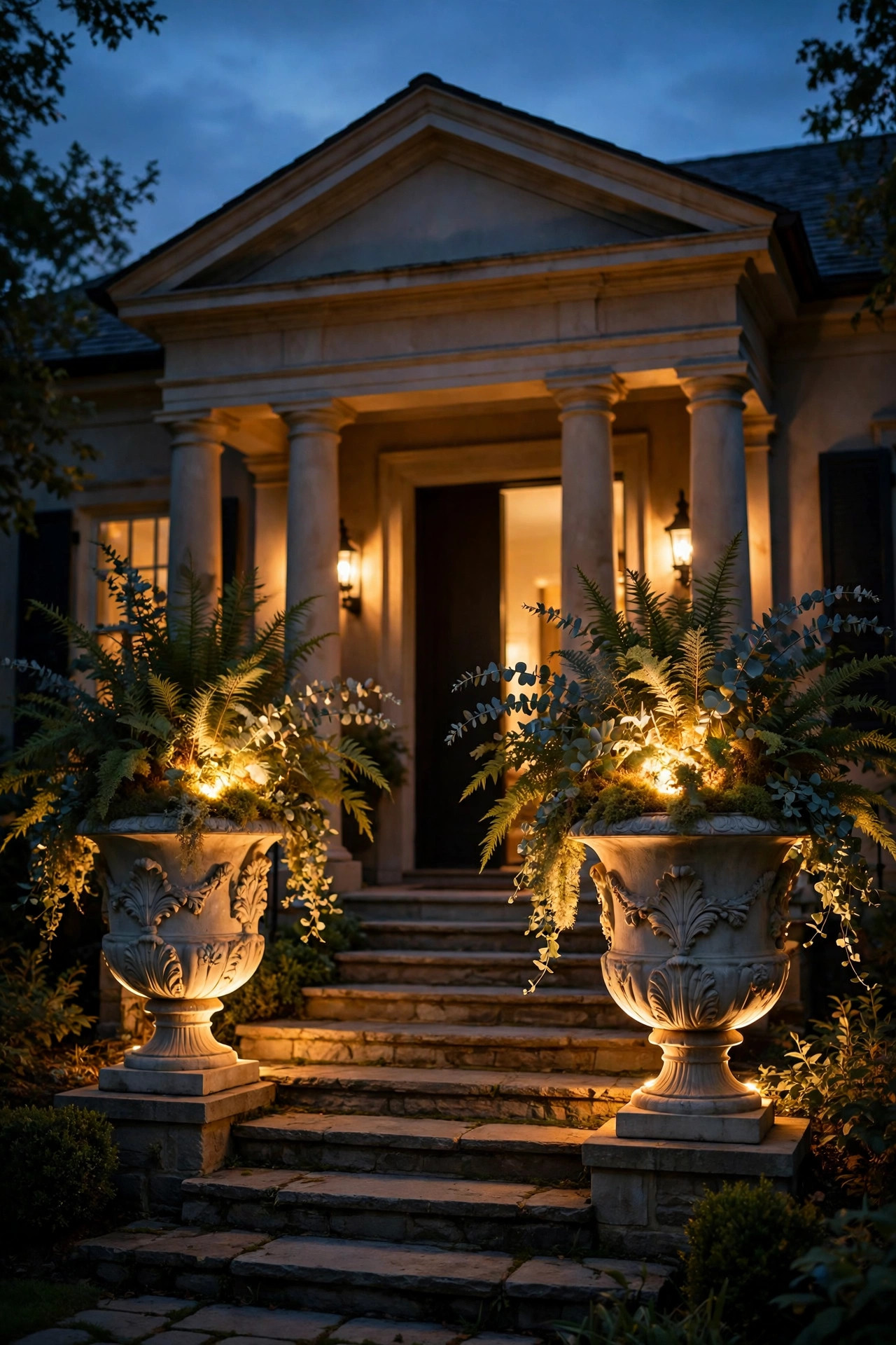 Large urn planters flanking portico steps, uplit from within so the foliage glows at dusk