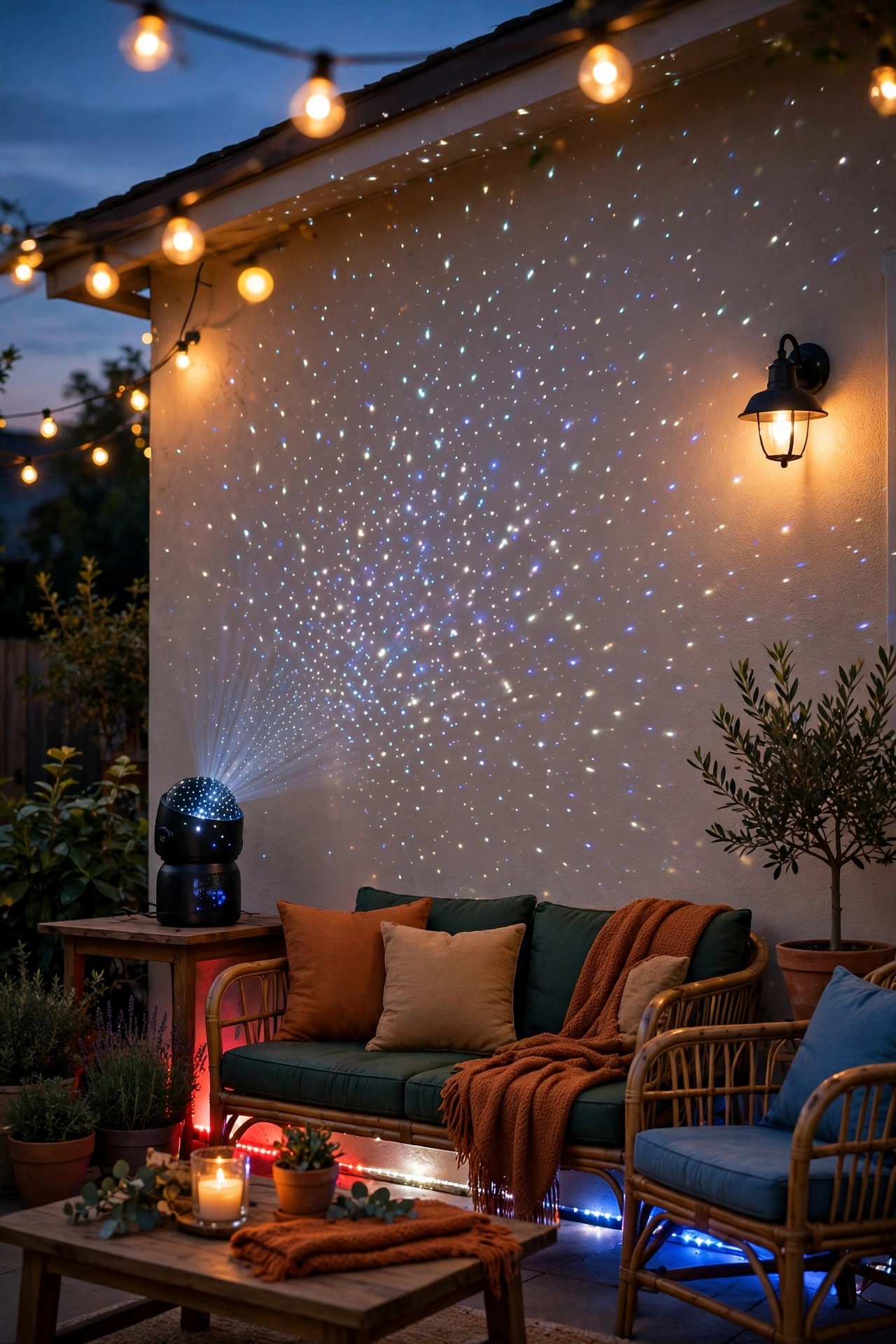 Star projector casting tiny white and blue stars across a house wall above backyard seating