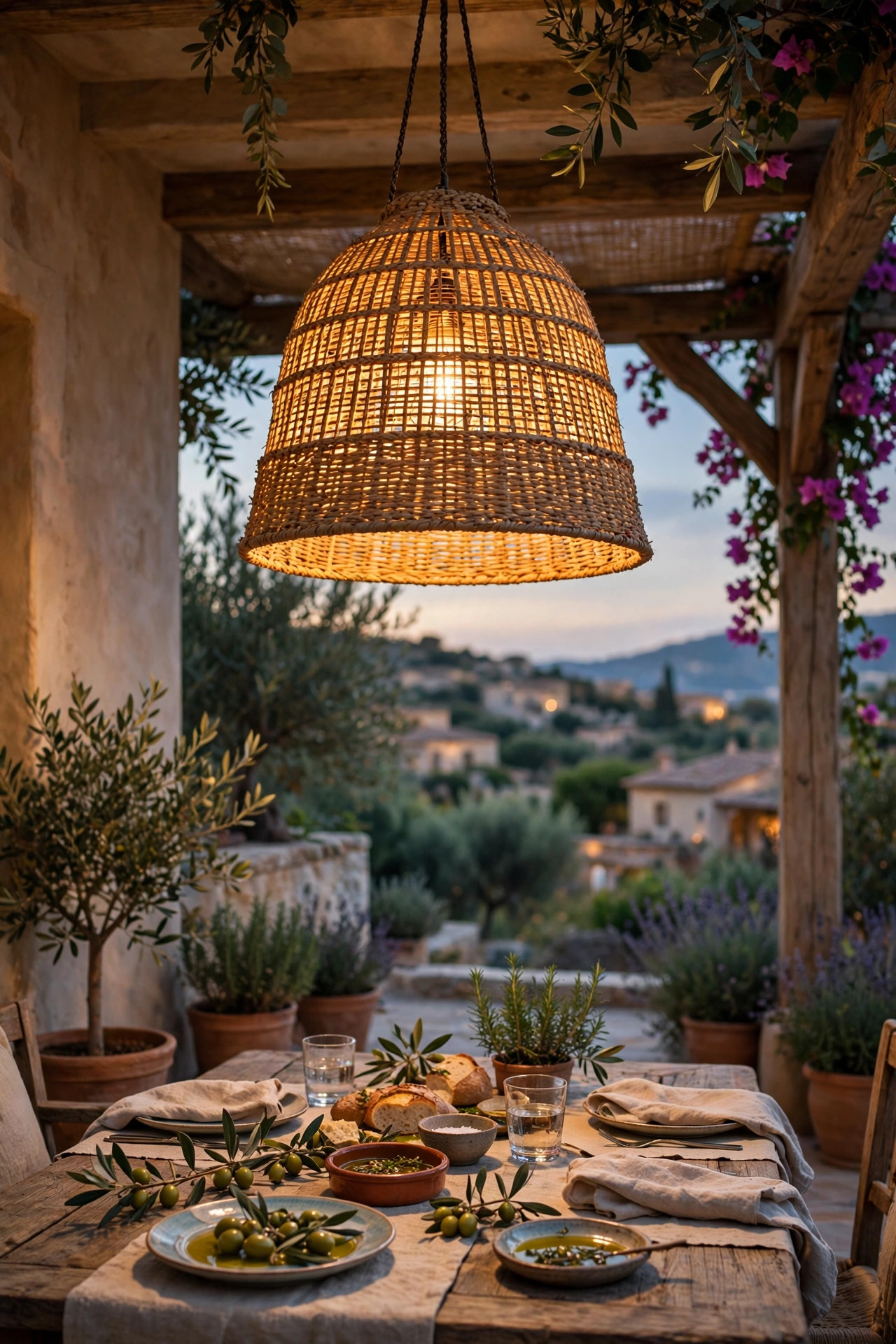Large woven pendant light glowing warmly over a Mediterranean outdoor dining table under a covered patio