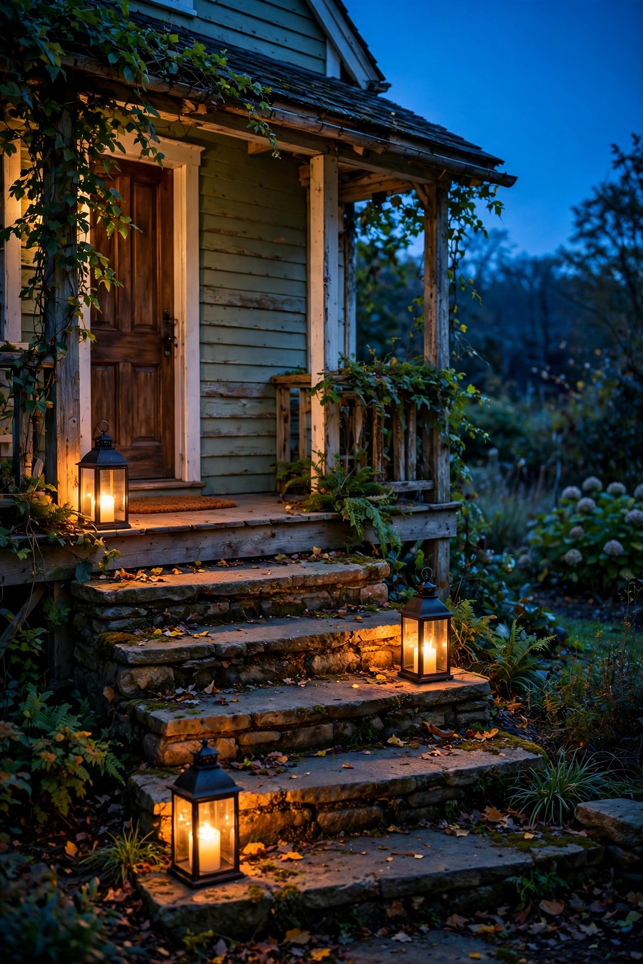 Flameless candle lanterns glowing on alternating cottage porch steps at dusk