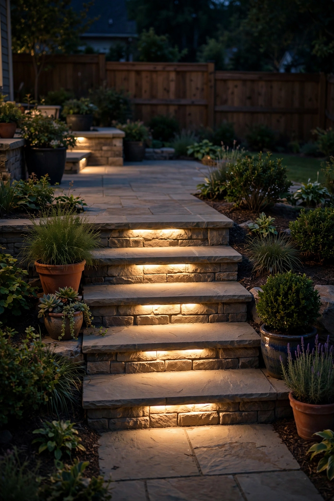 Recessed warm LED step lights illuminating patio stairs at night