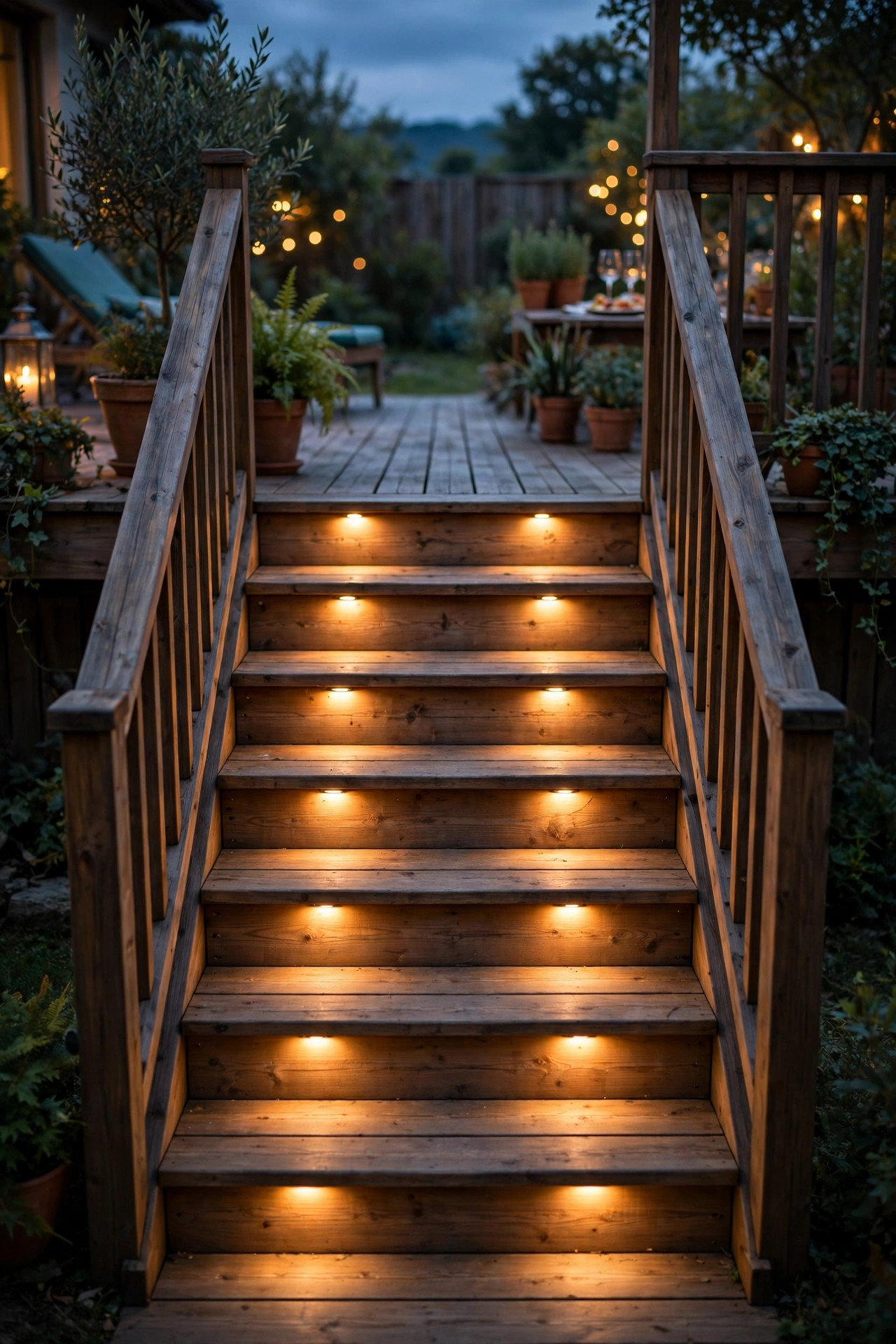 Warm step lights glowing on backyard deck stairs during an evening party
