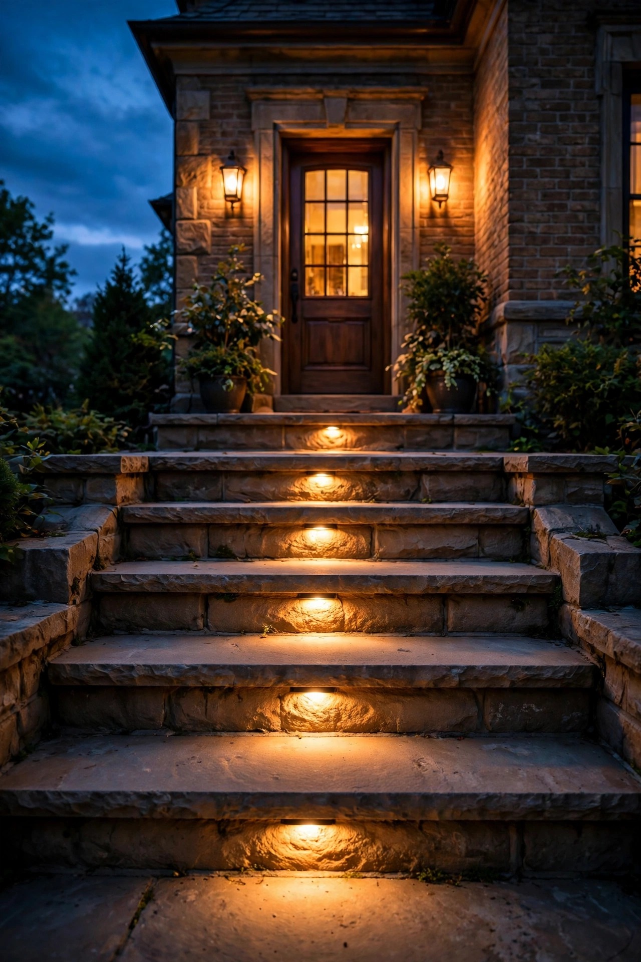 Recessed step lights glowing in the risers of wide stone front steps, leading up to a warmly lit stoop and front door at dusk